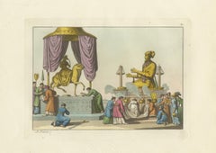 Japanese Deities Amida and Xaca Ceremony – Ferrario Print, Hand-Colored c.1815
