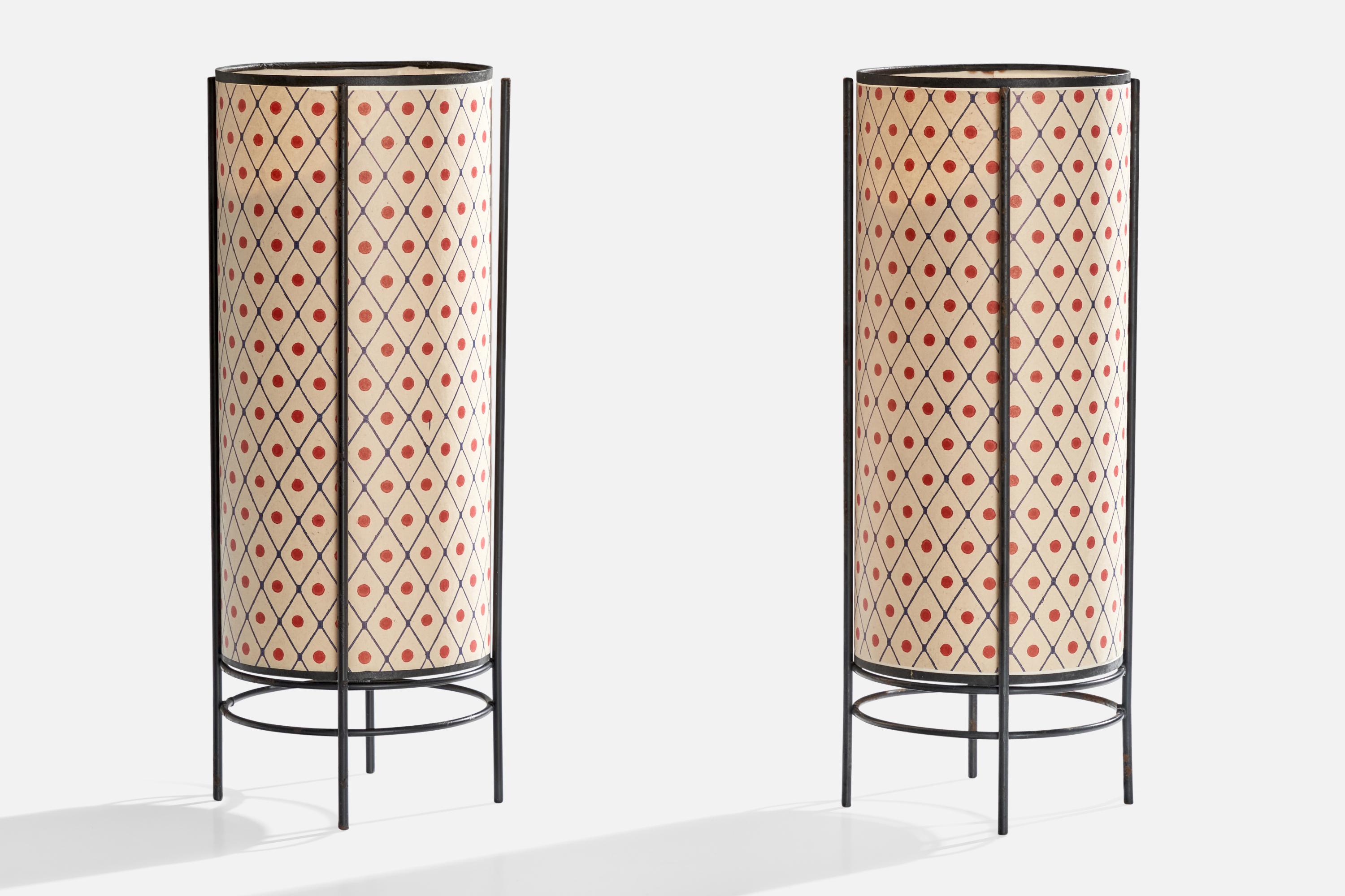 A pair of black-lacquered metal and printed paper table lamps designed and produced in Japan, c. 1980s.

Dimensions of Lamp with Shade (inches): 12.125” H x 4.5” Diameter

Bulb Specifications: Bayonet bulb

Number of Sockets (per fixture): 1

Sold