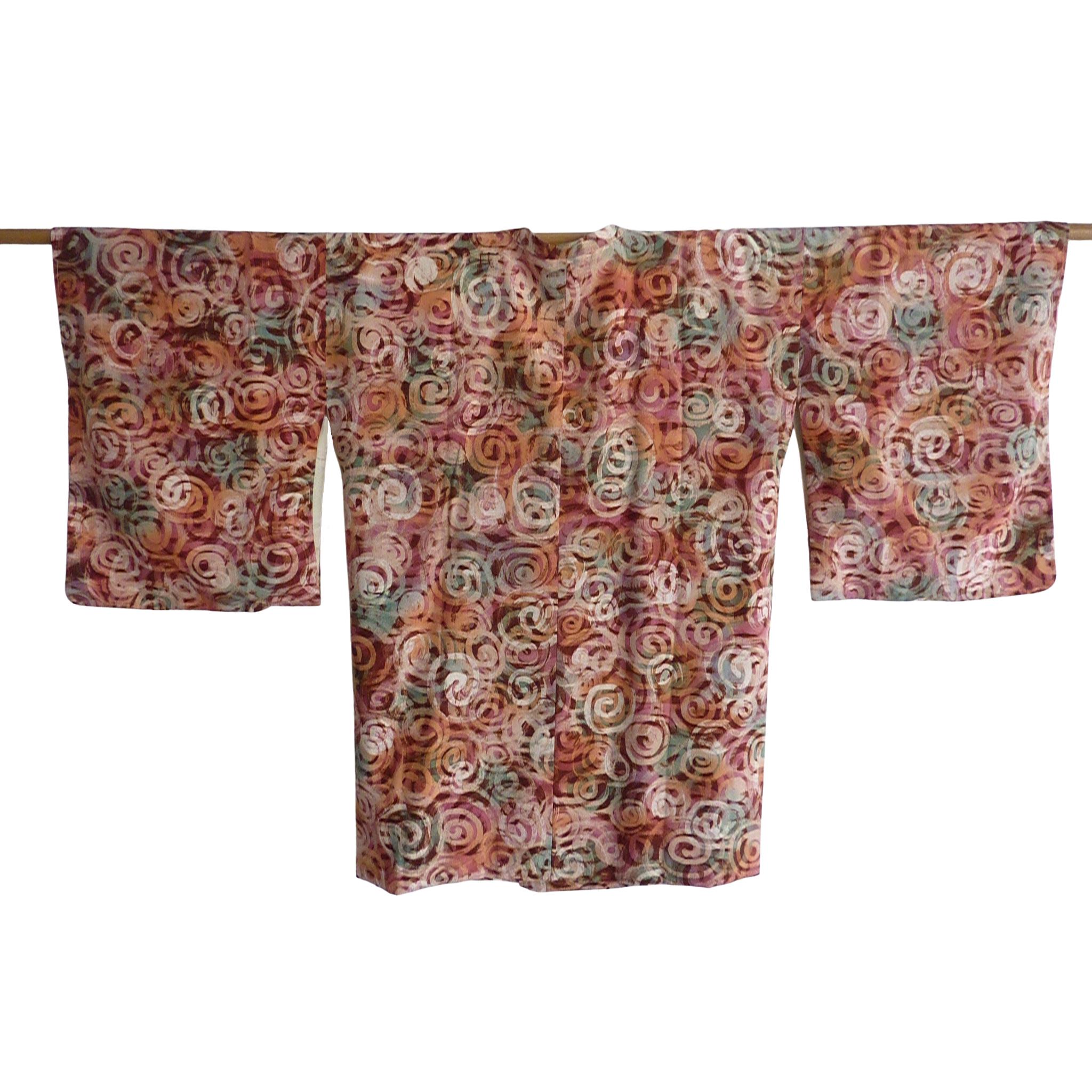 Brown Japanese Double Breasted Vintage Swirl Print Silk Kimono Jacket For Sale