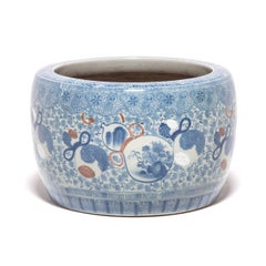 Japanese Blue and White Hibachi with Double Gourds, c. 1900