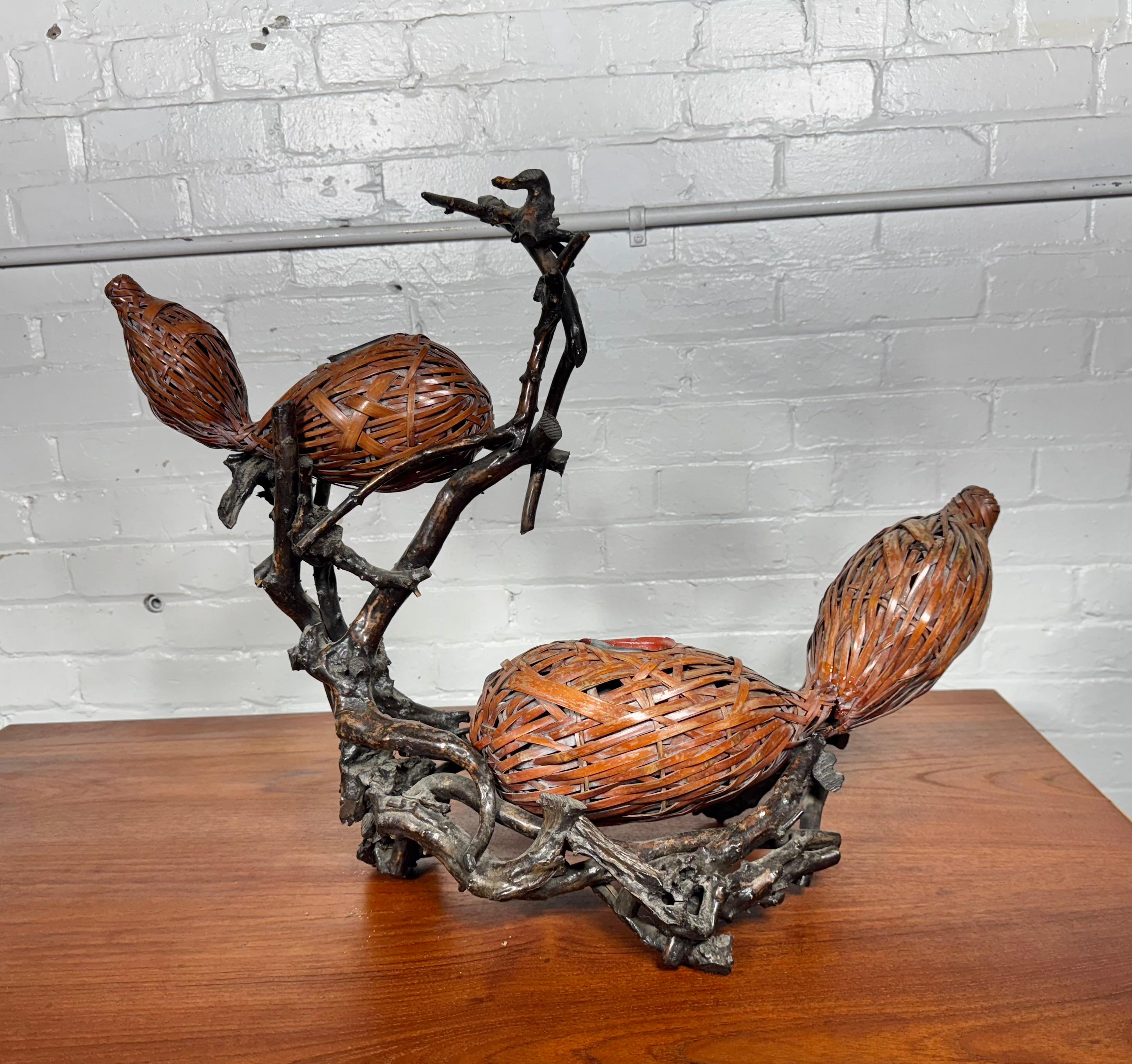 20th Century Japanese Double Gourd Ikebana Woven Basket and Root.. amazing sculpture / art.. Retain original inserts.. one basket re-glued , repaired.. (see photo)