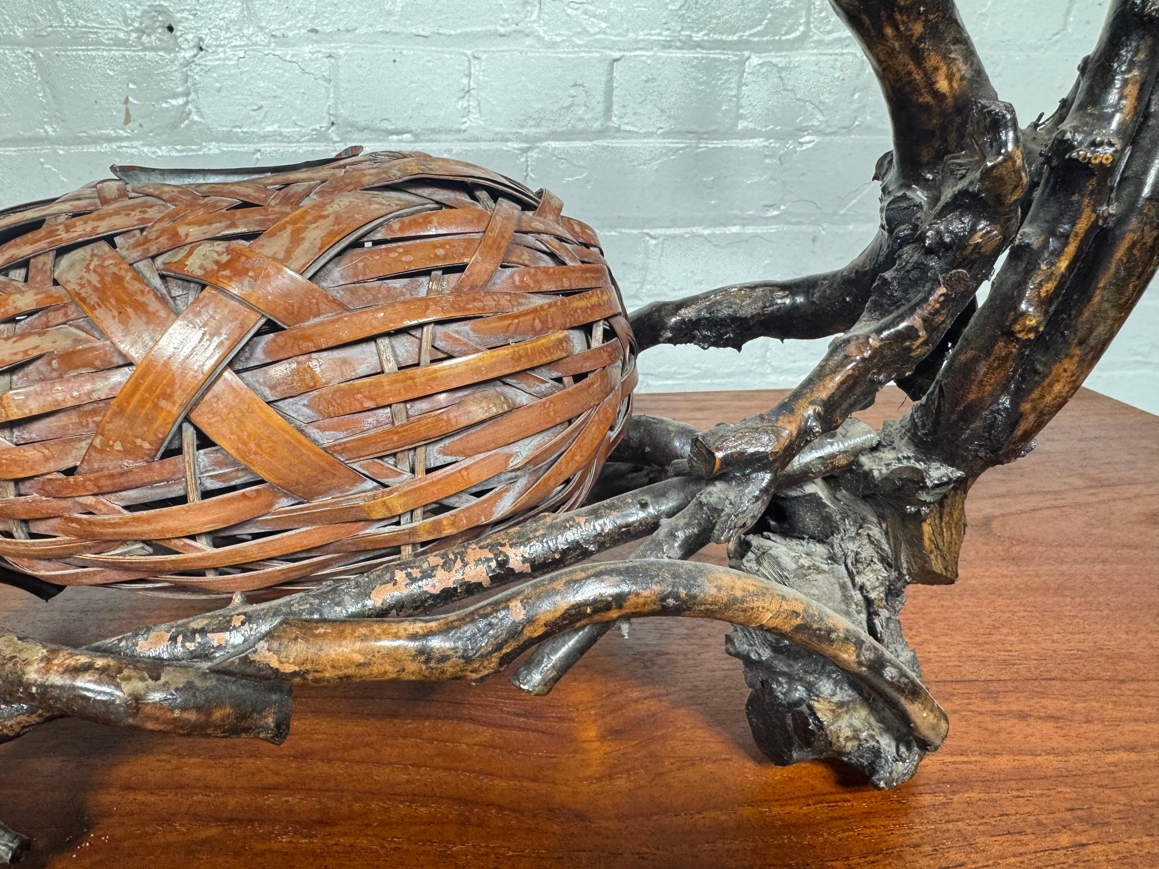 Folk Art Japanese Double Gourd Ikebana Woven Basket and root For Sale