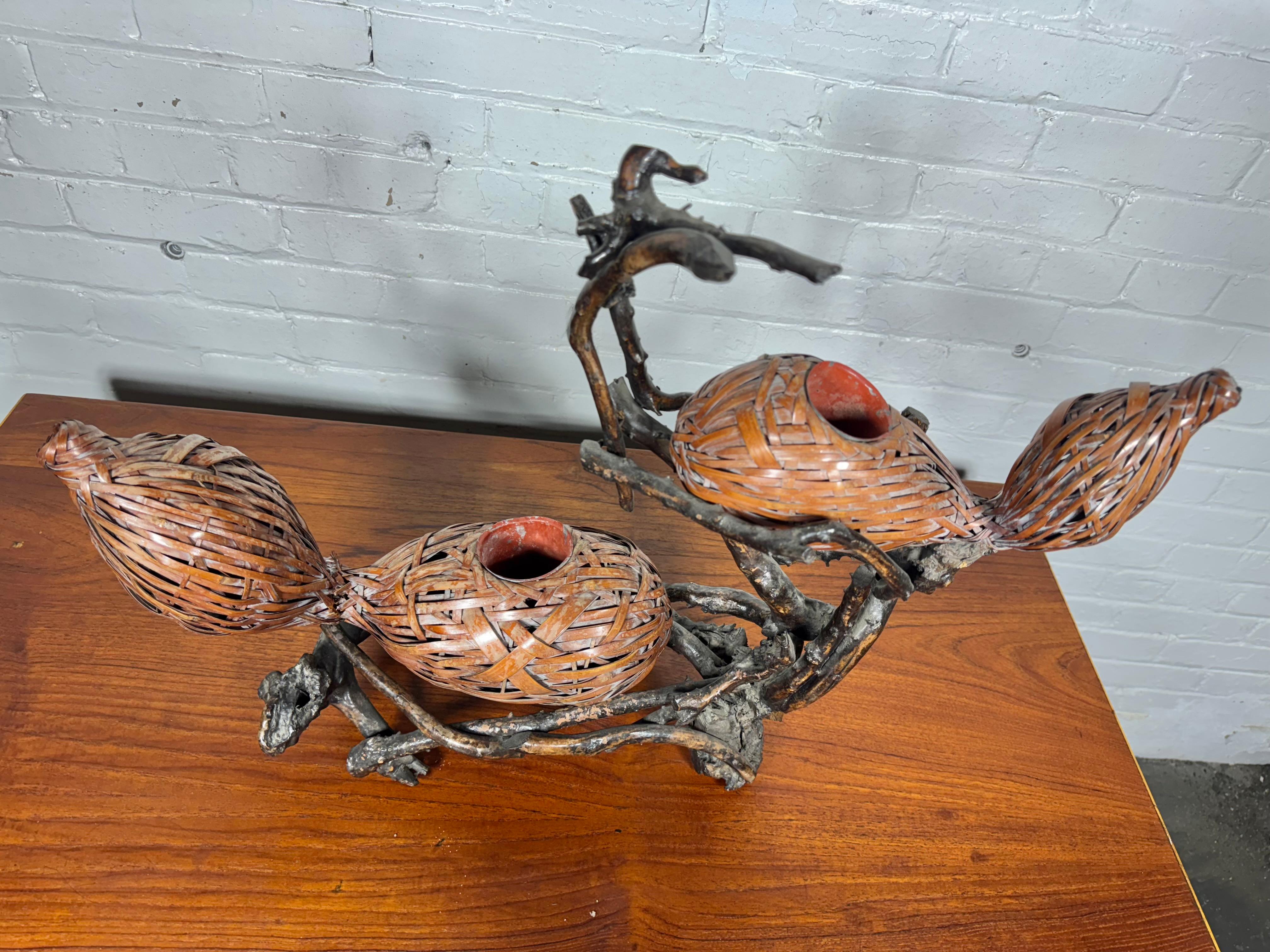 Hand-Crafted Japanese Double Gourd Ikebana Woven Basket and root For Sale