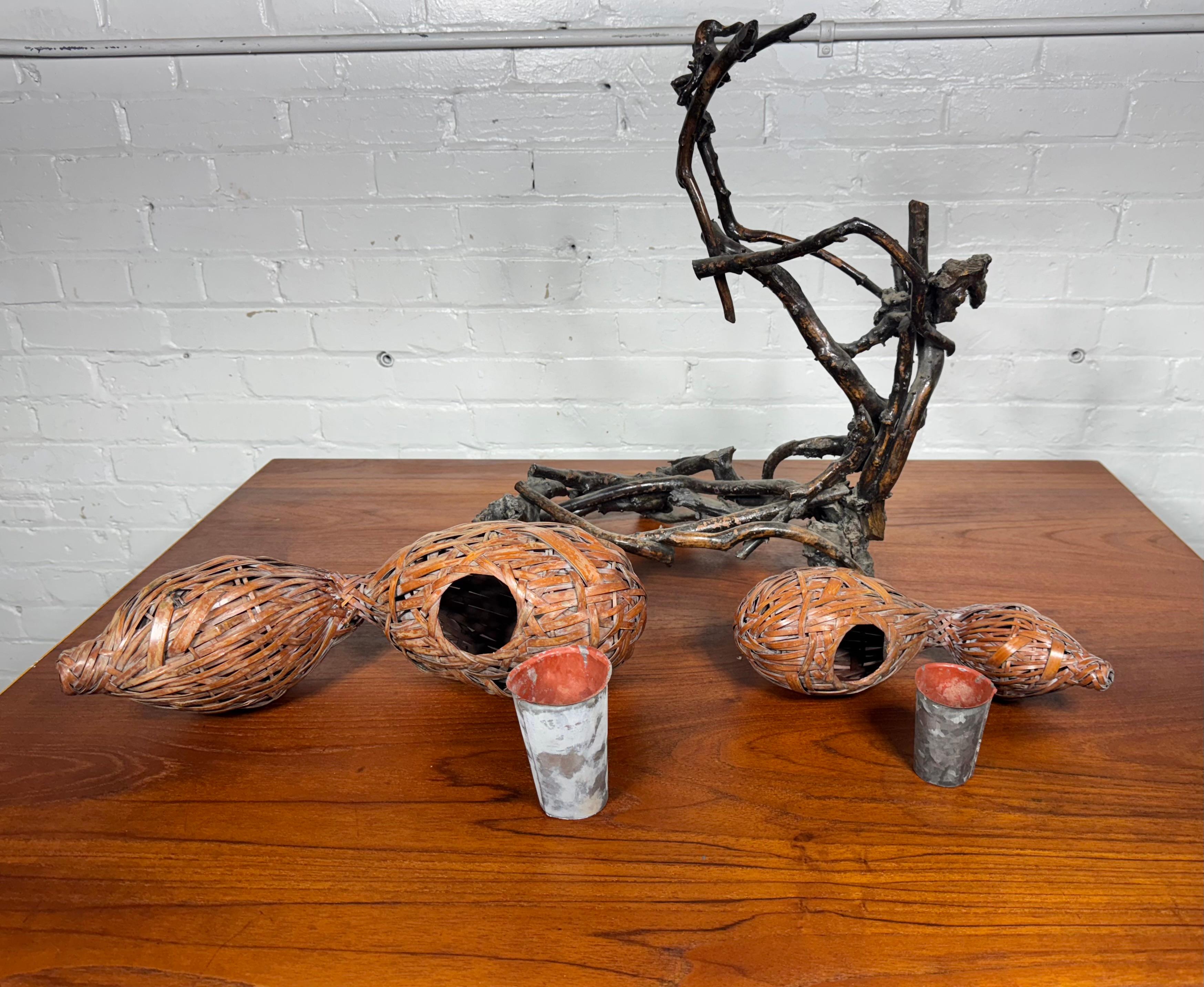 Japanese Double Gourd Ikebana Woven Basket and root In Fair Condition For Sale In Buffalo, NY