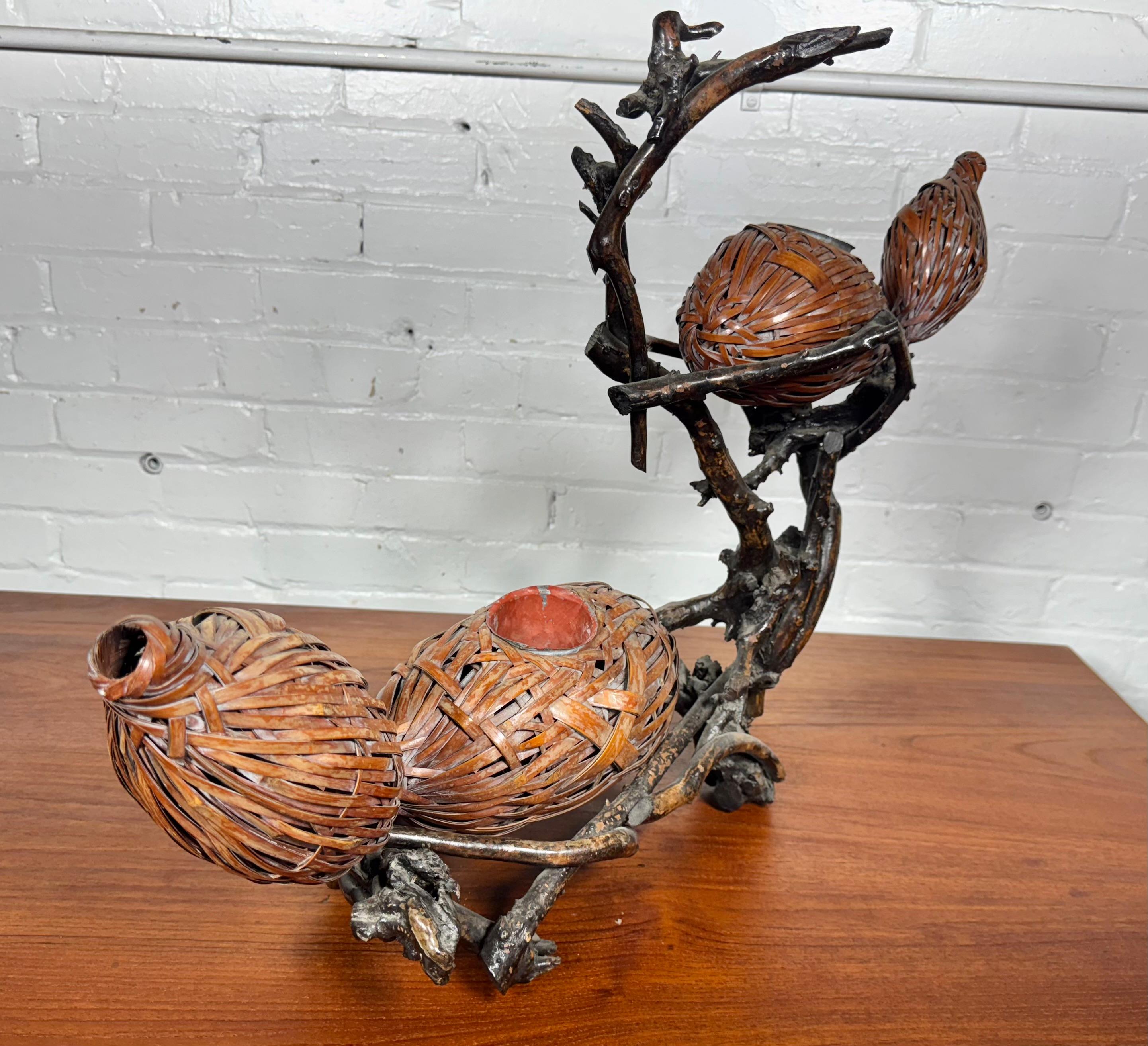 20th Century Japanese Double Gourd Ikebana Woven Basket and root For Sale