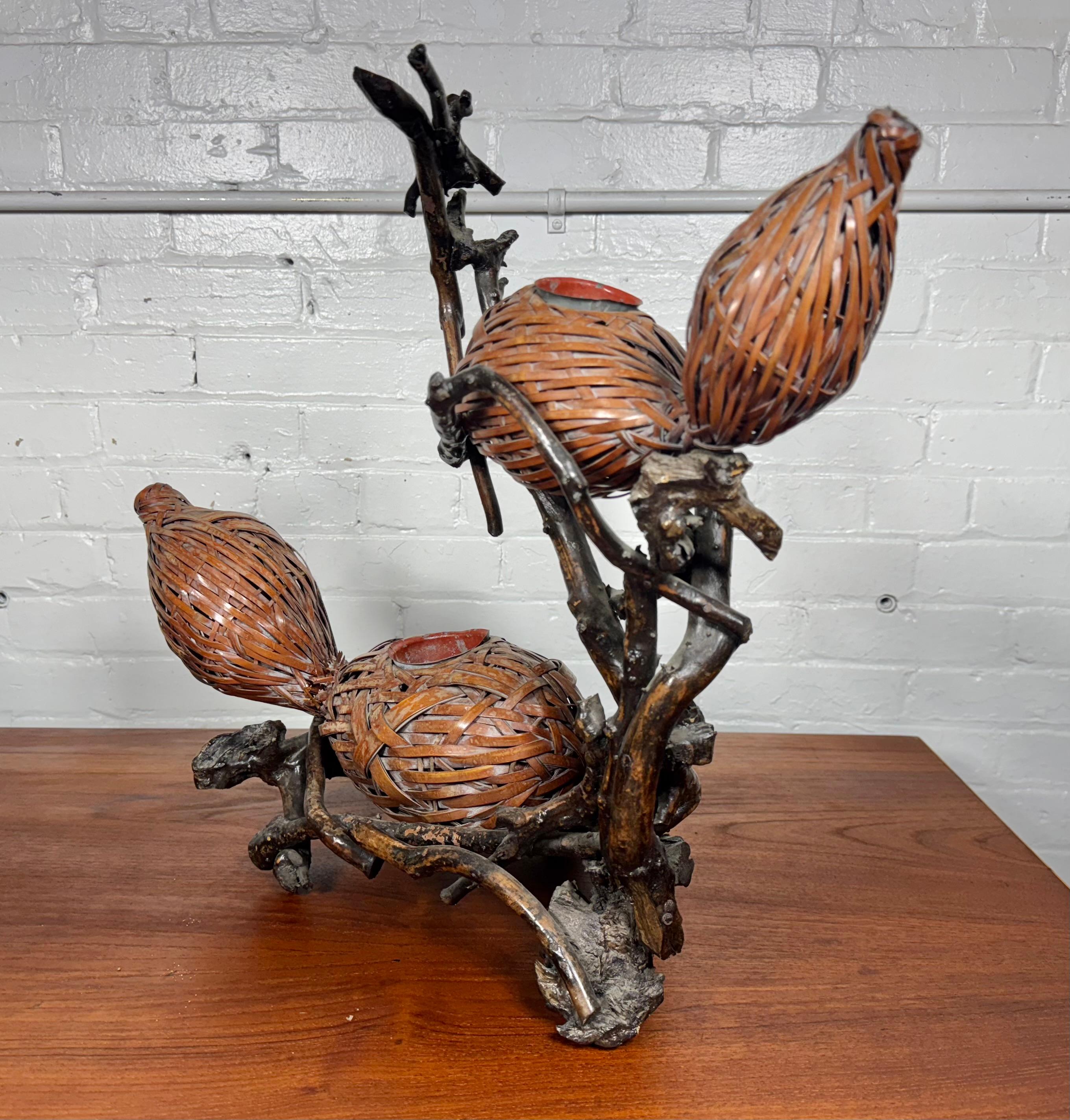 Wicker Japanese Double Gourd Ikebana Woven Basket and root For Sale