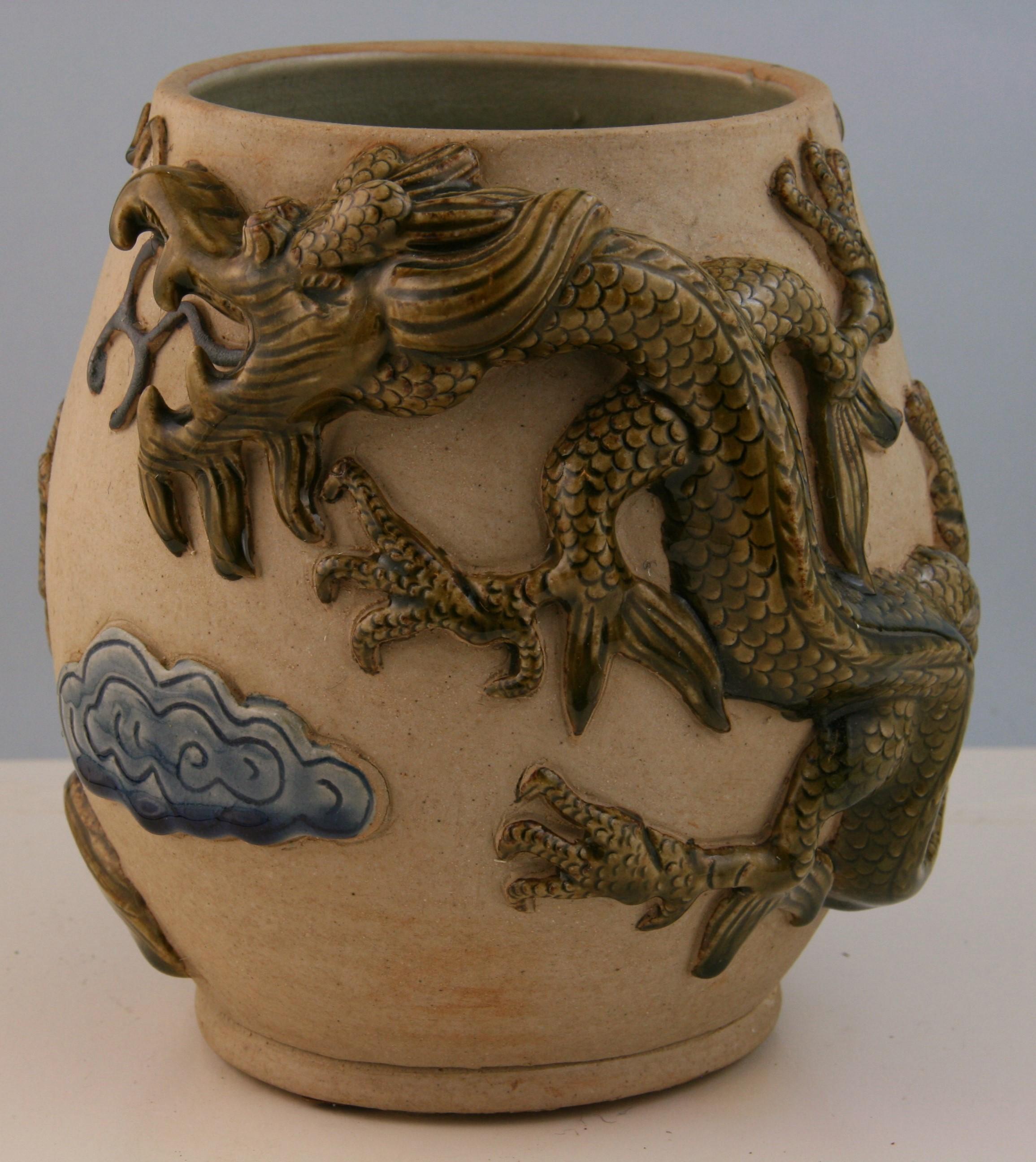 Japanese hand crafted glazed pottery dragon vase