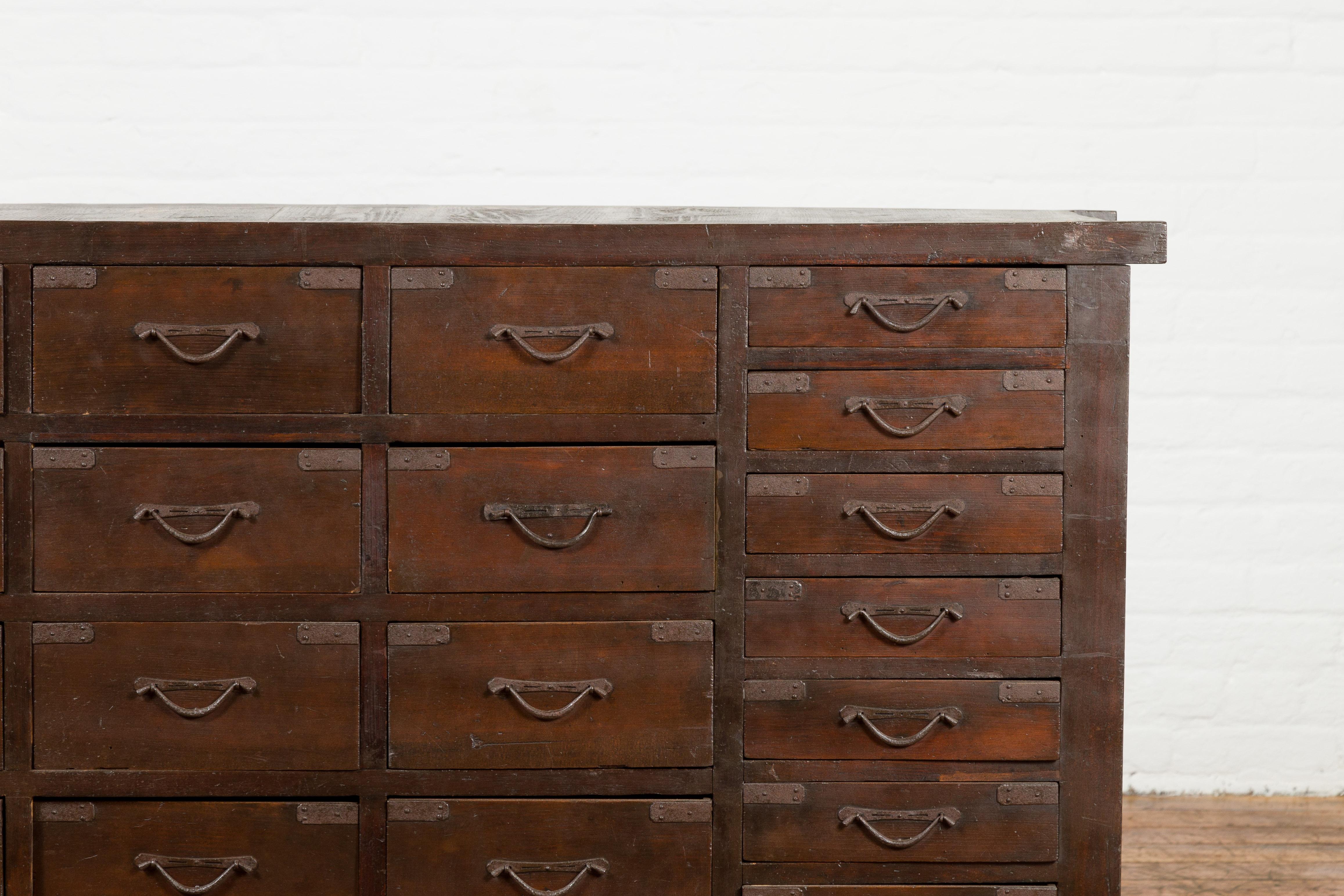 Iron Japanese Early 20th Century Apothecary Chest with 28 Drawers and Brown Patina