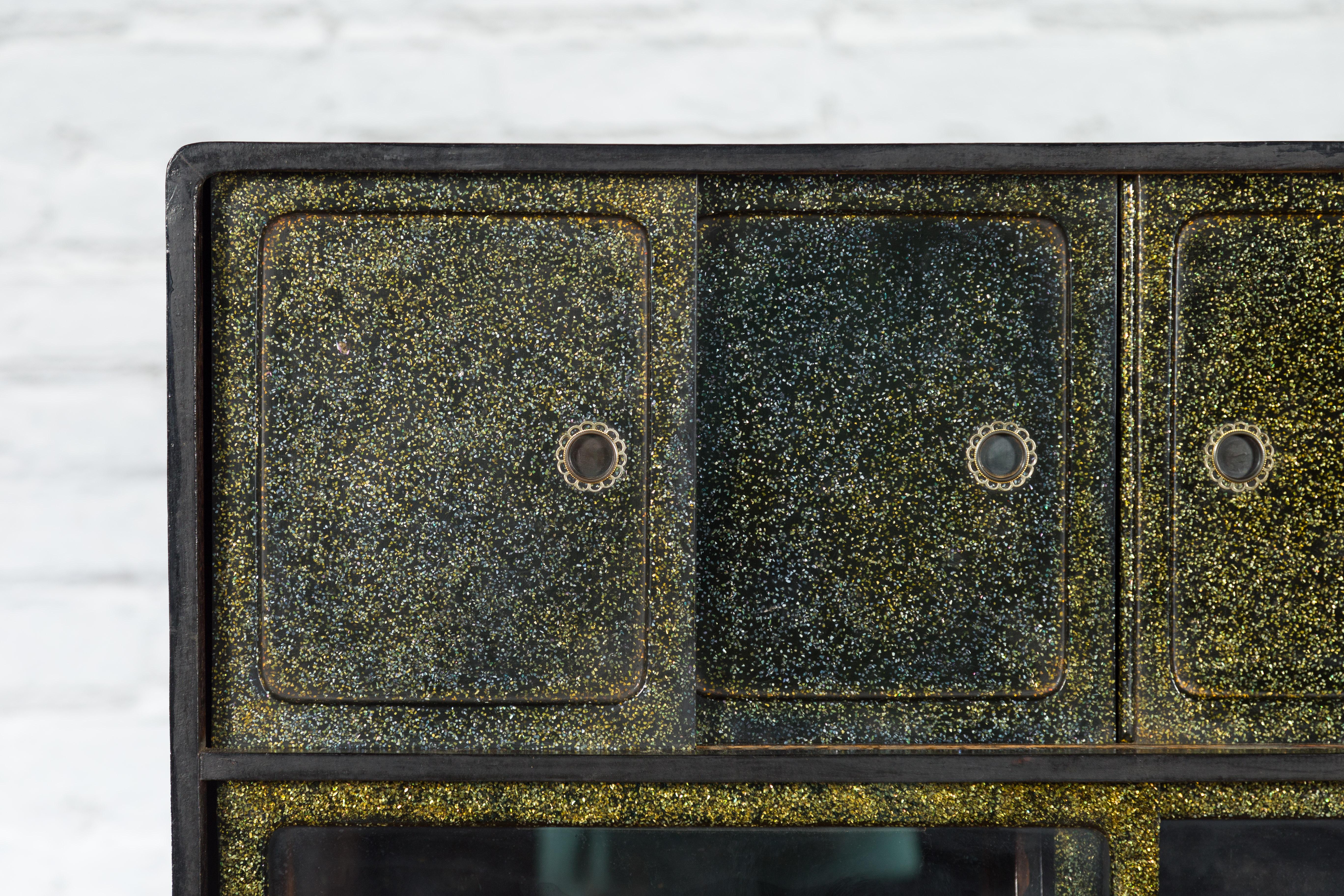 Lacquered Japanese Early 20th Century Black and Gold Speckled Compound Cabinet For Sale