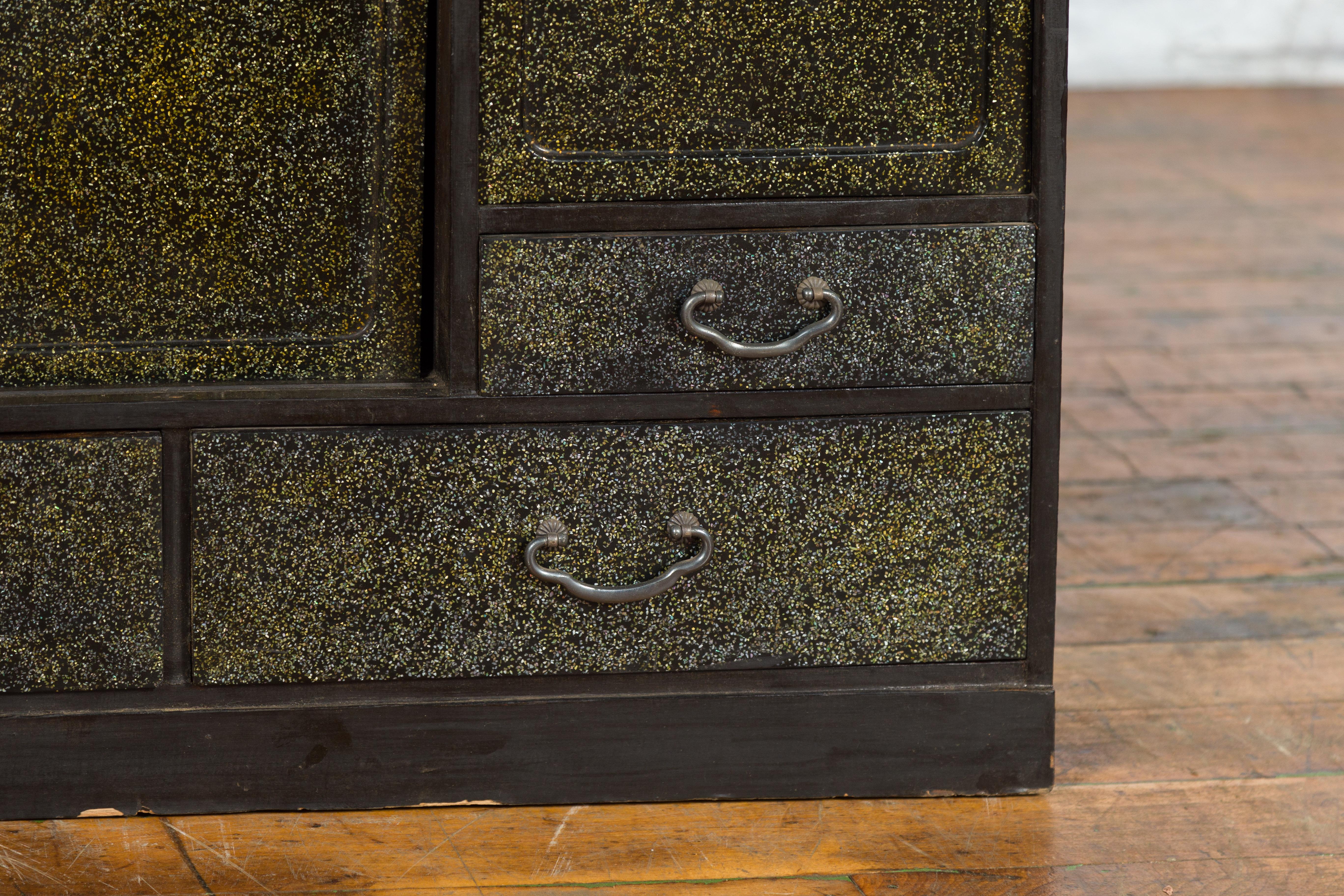 Glass Japanese Early 20th Century Black and Gold Speckled Compound Cabinet For Sale