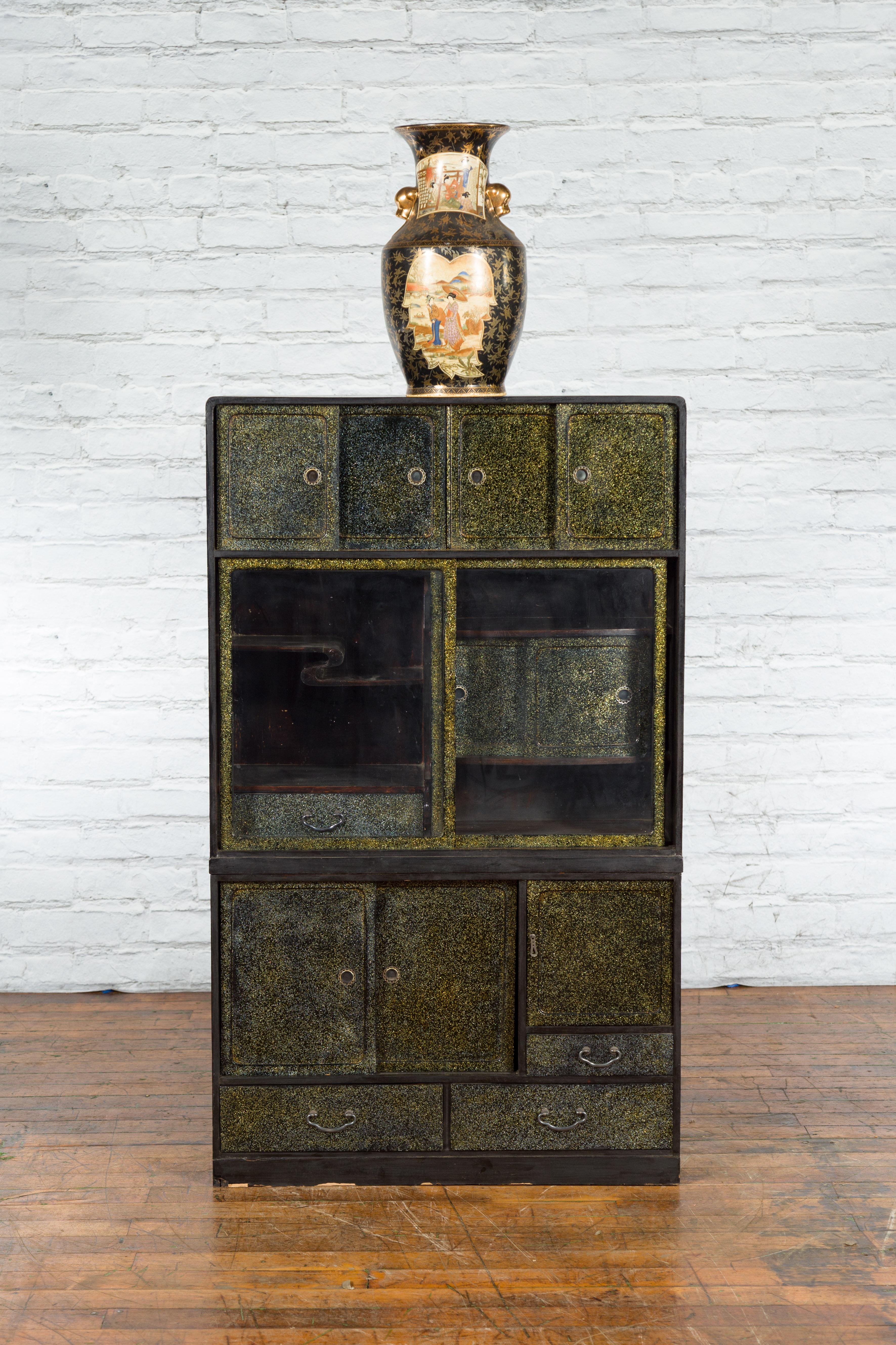 Japanese Early 20th Century Black and Gold Speckled Compound Cabinet For Sale 3
