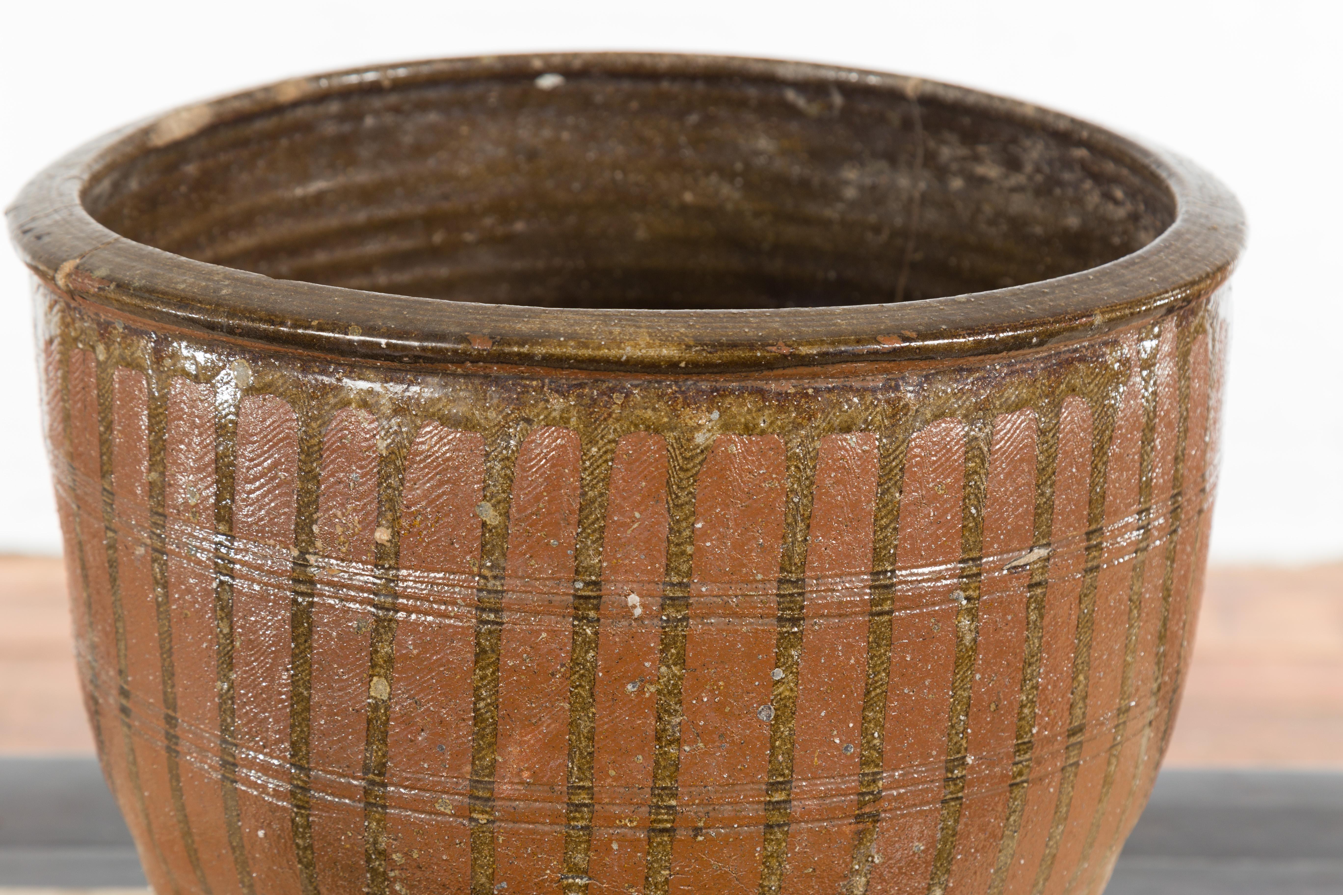 Glazed Japanese Early 20th Century Brown Tamba Tachikui Ware Pot with Dripping For Sale
