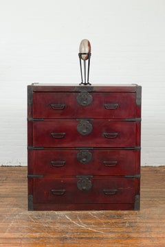 Japanese Early 20th Century Keyaki Wood Tansu Traveling Chest with Four Drawers