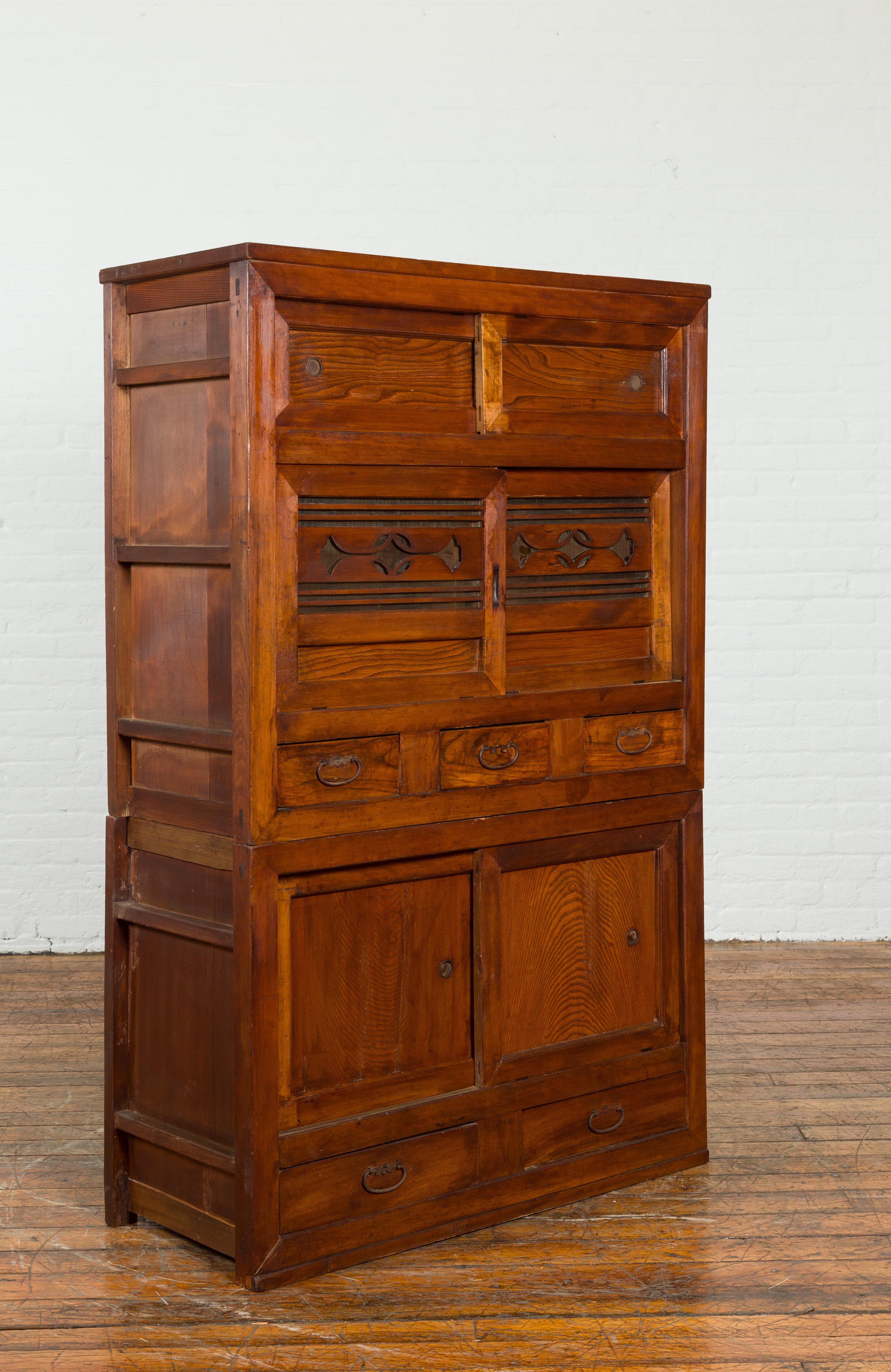 Taisho Japanese Early 20th Century Kitchen Tansu Cabinet with Sliding Doors and Drawers