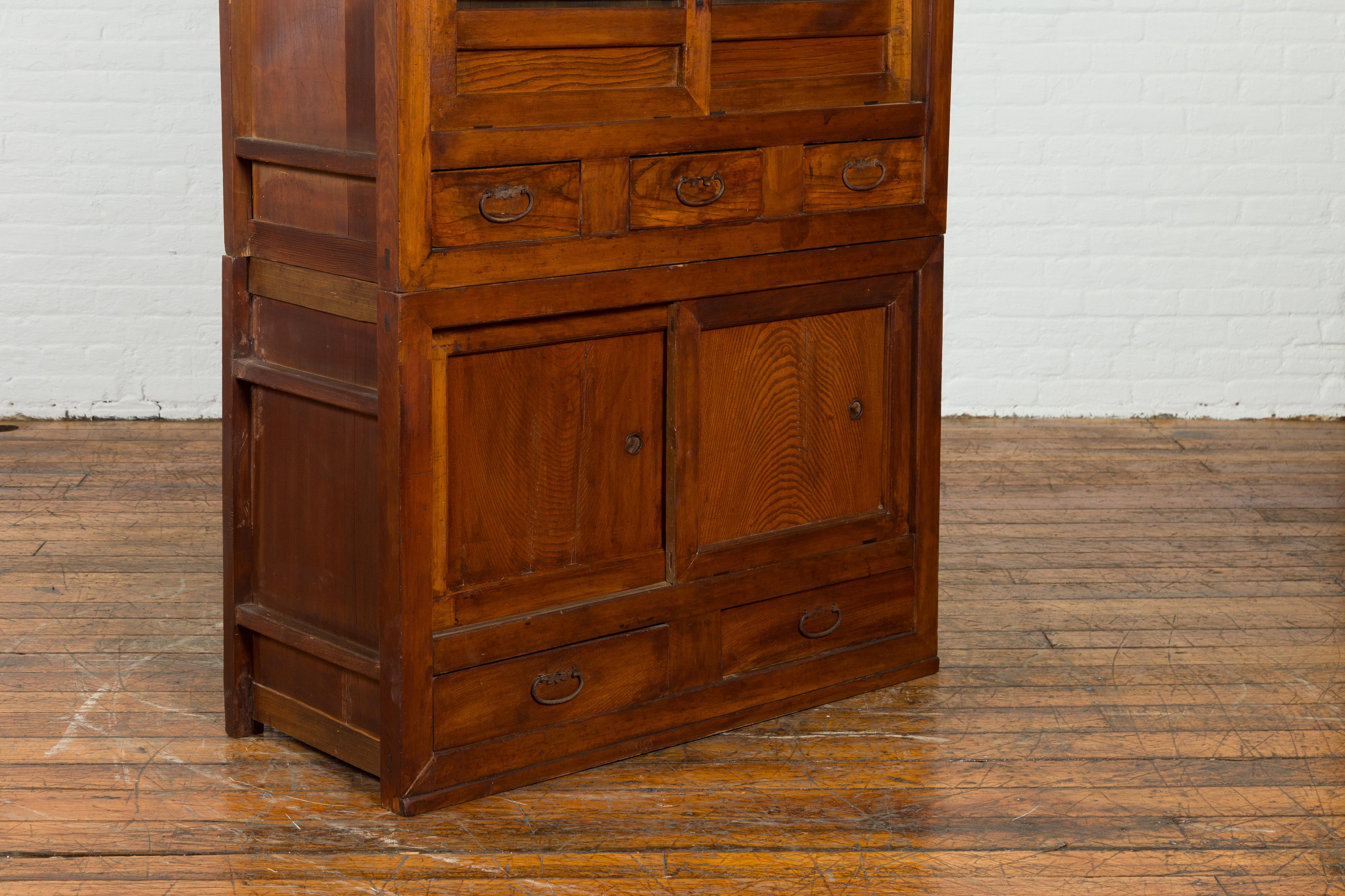 Japanese Early 20th Century Kitchen Tansu Cabinet with Sliding Doors and Drawers 4