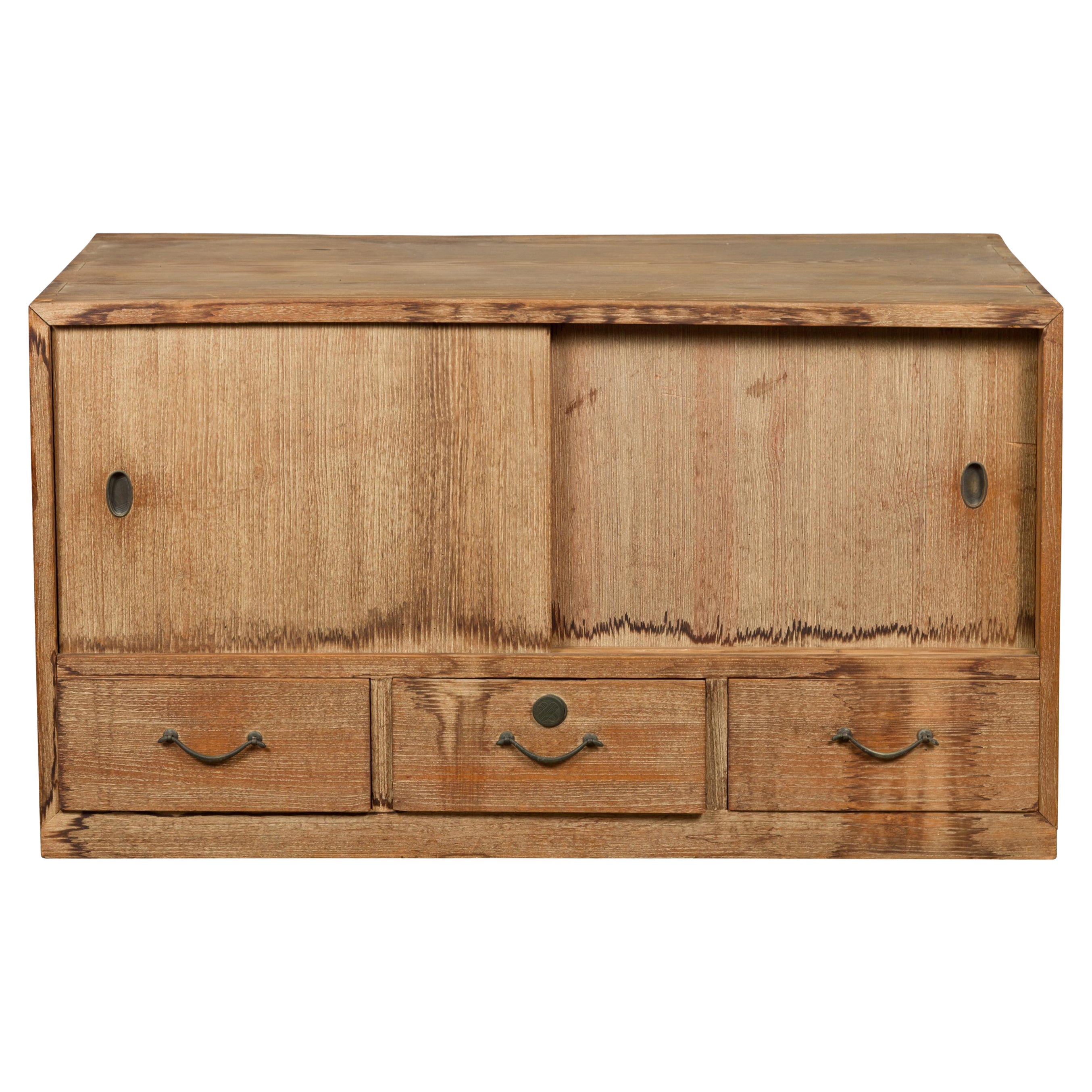 Japanese Early 20th Century Low Storage Cabinet with Sliding Doors and Drawers