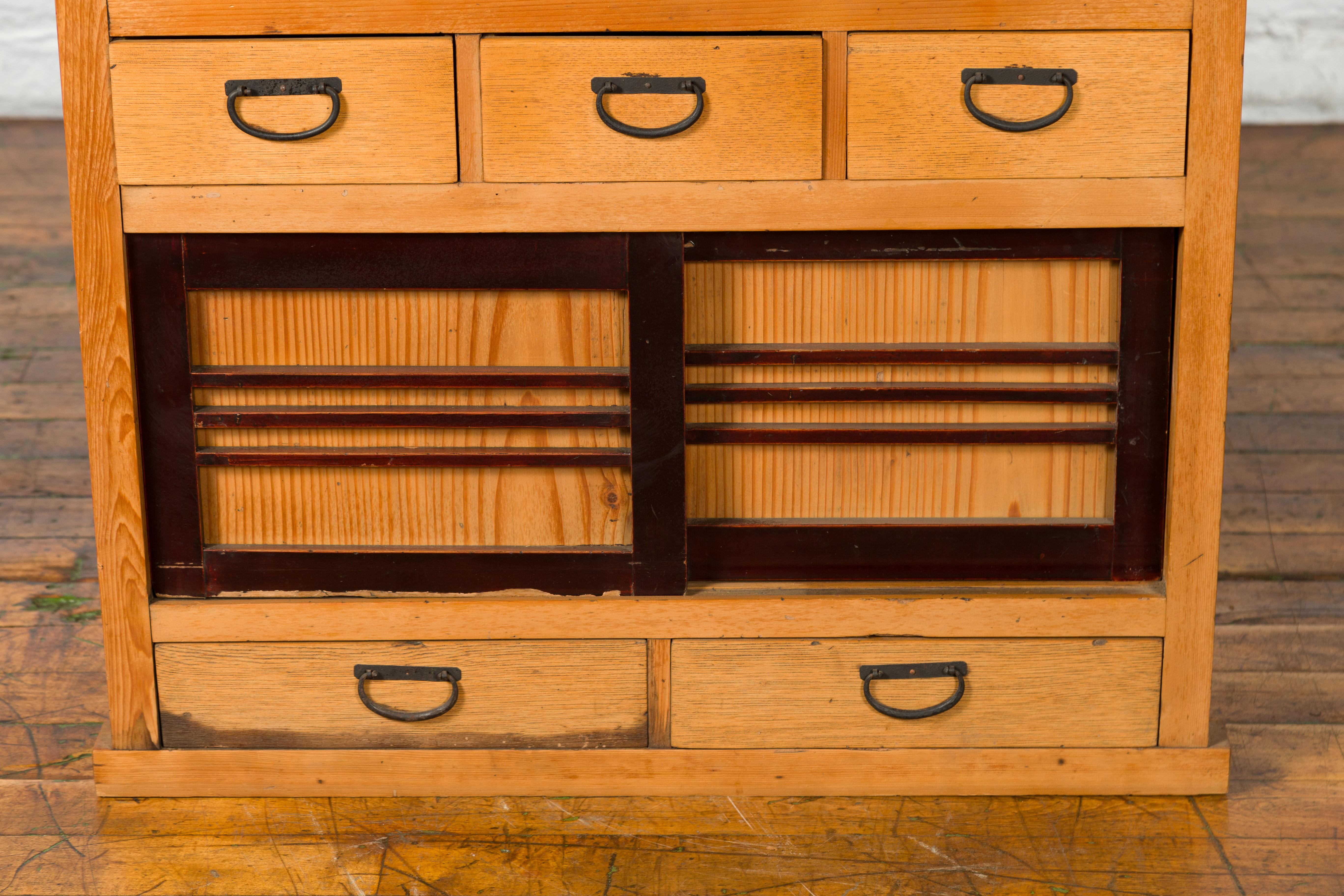 Iron Japanese Early 20th Century Taishō Kiri Wood Kitchen Cabinet with Sliding Doors For Sale