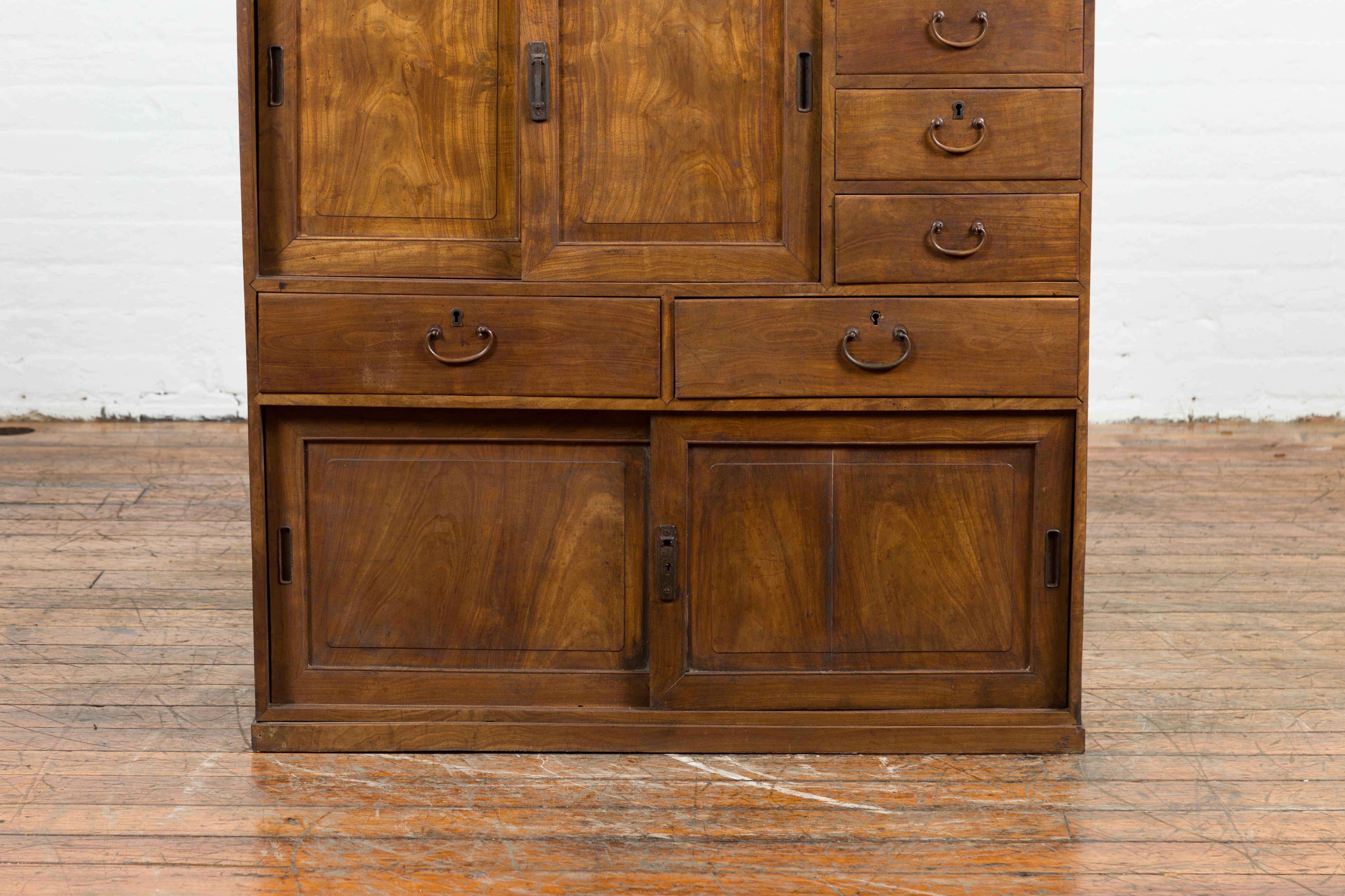 Taisho Japanese Early 20th Century Taishō Small Cabinet with Sliding Doors and Drawers For Sale