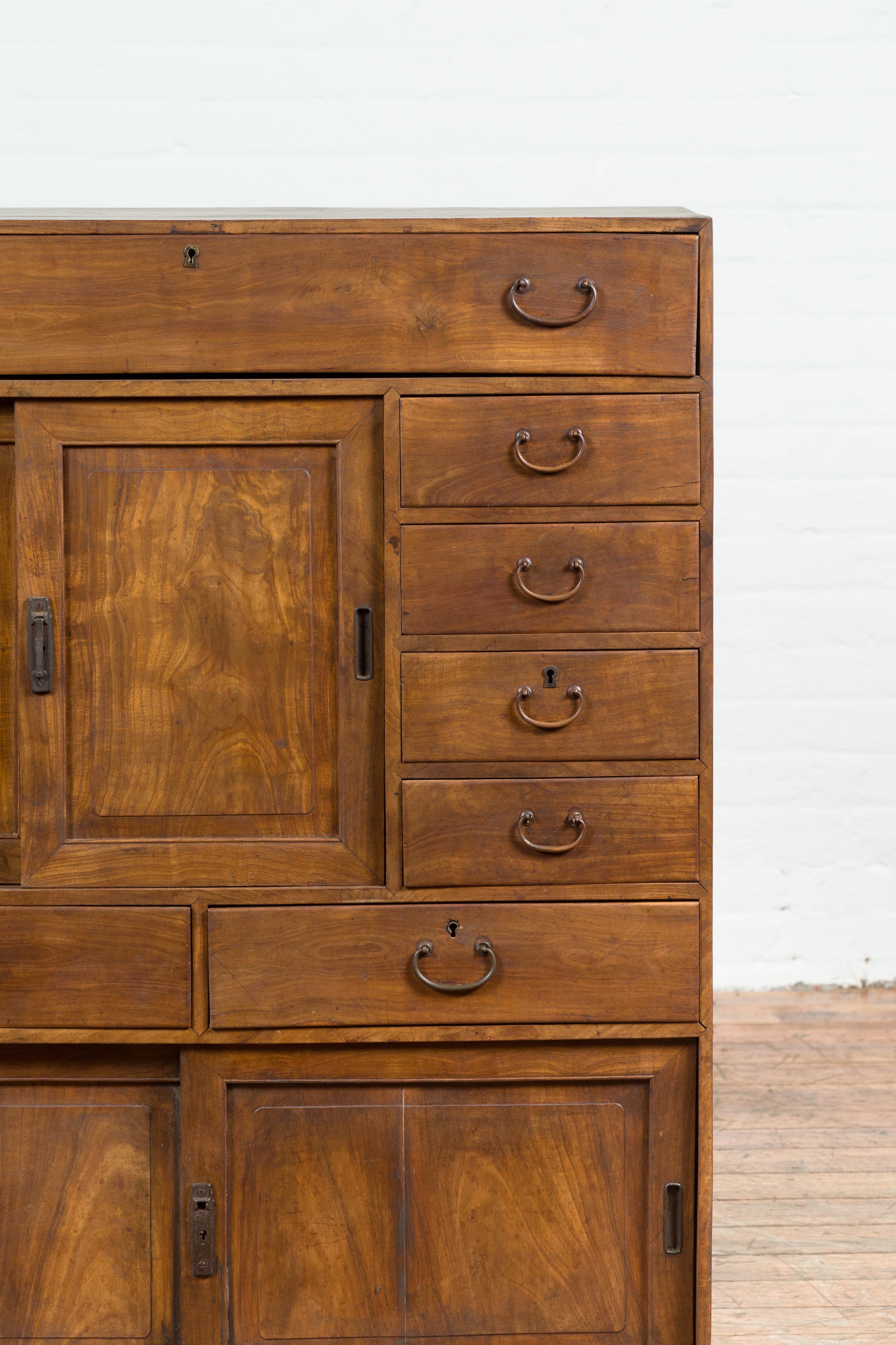 Japanese Early 20th Century Taishō Small Cabinet with Sliding Doors and Drawers In Good Condition For Sale In Yonkers, NY