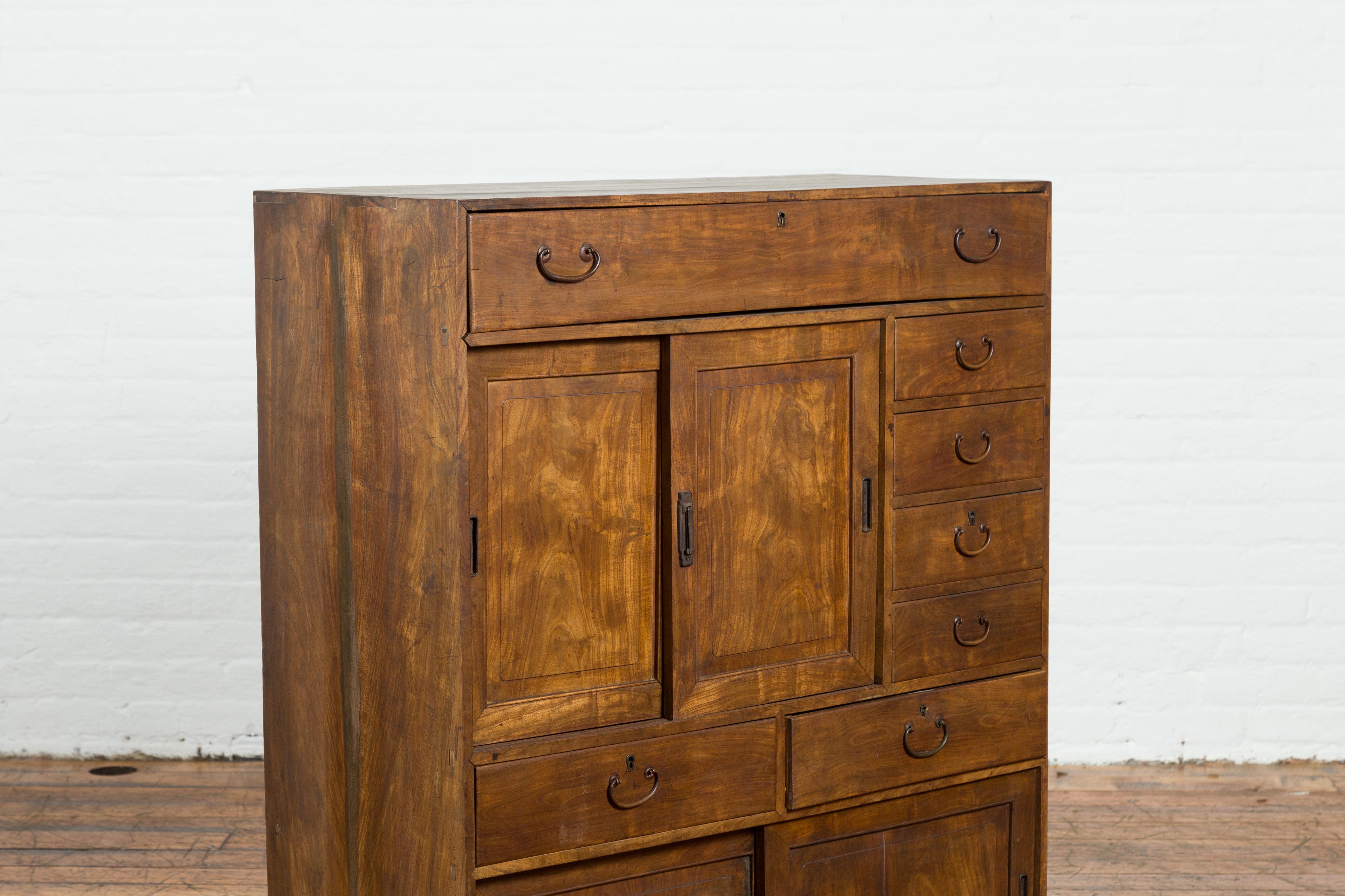 Wood Japanese Early 20th Century Taishō Small Cabinet with Sliding Doors and Drawers For Sale