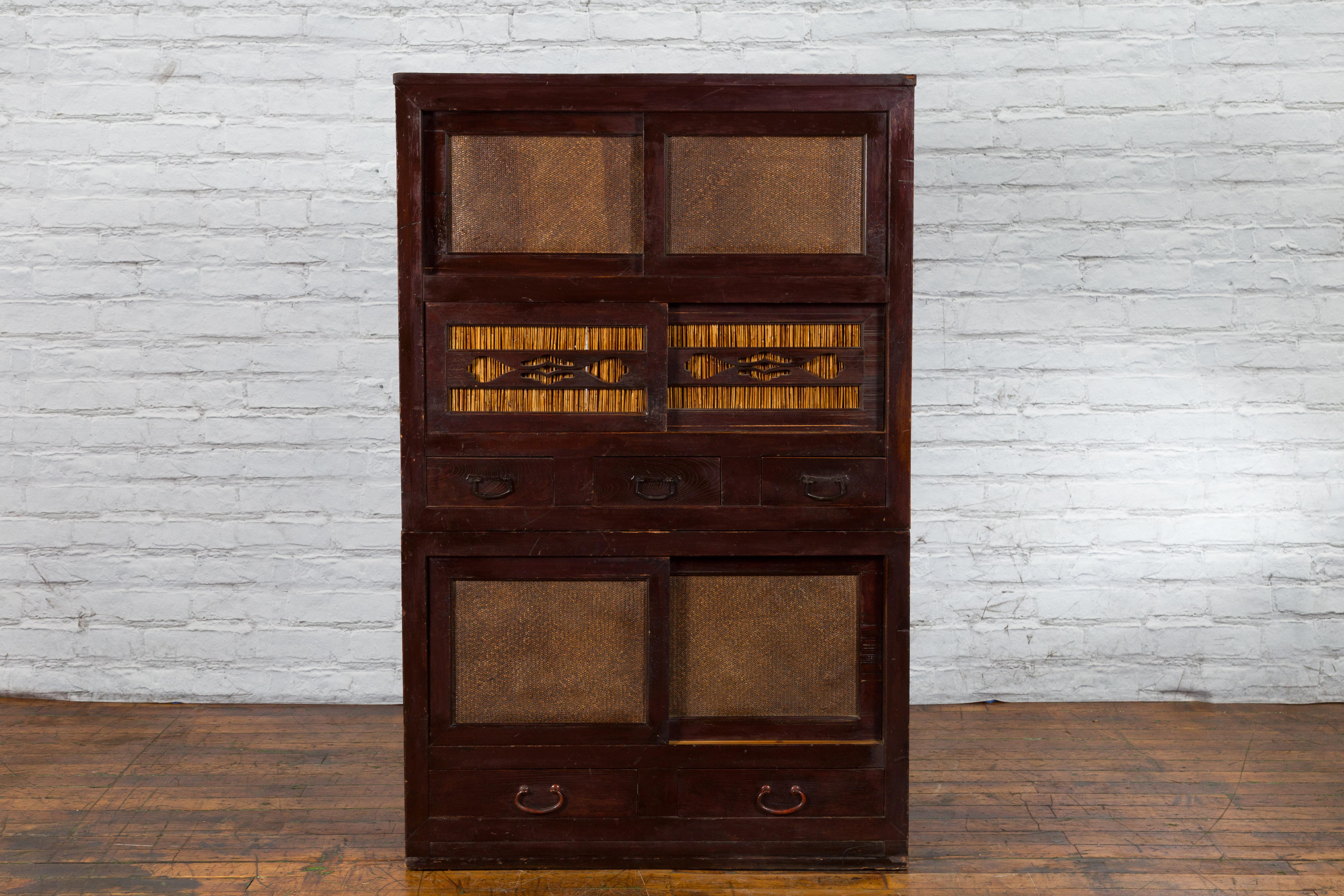 Woven Japanese Early 20th Century Tansu Cabinet with Sliding Doors and Drawers For Sale