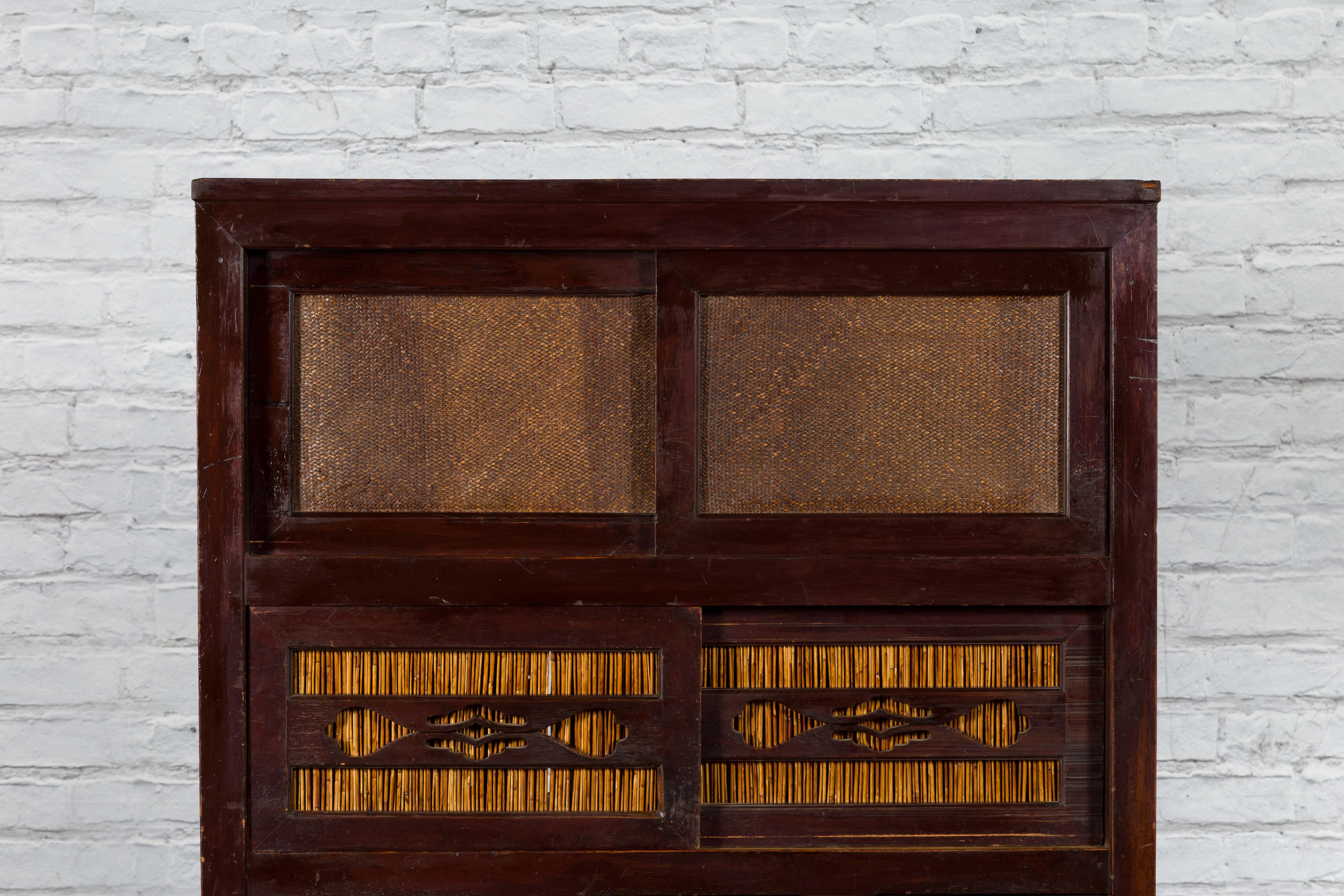 Rattan Japanese Early 20th Century Tansu Cabinet with Sliding Doors and Drawers For Sale