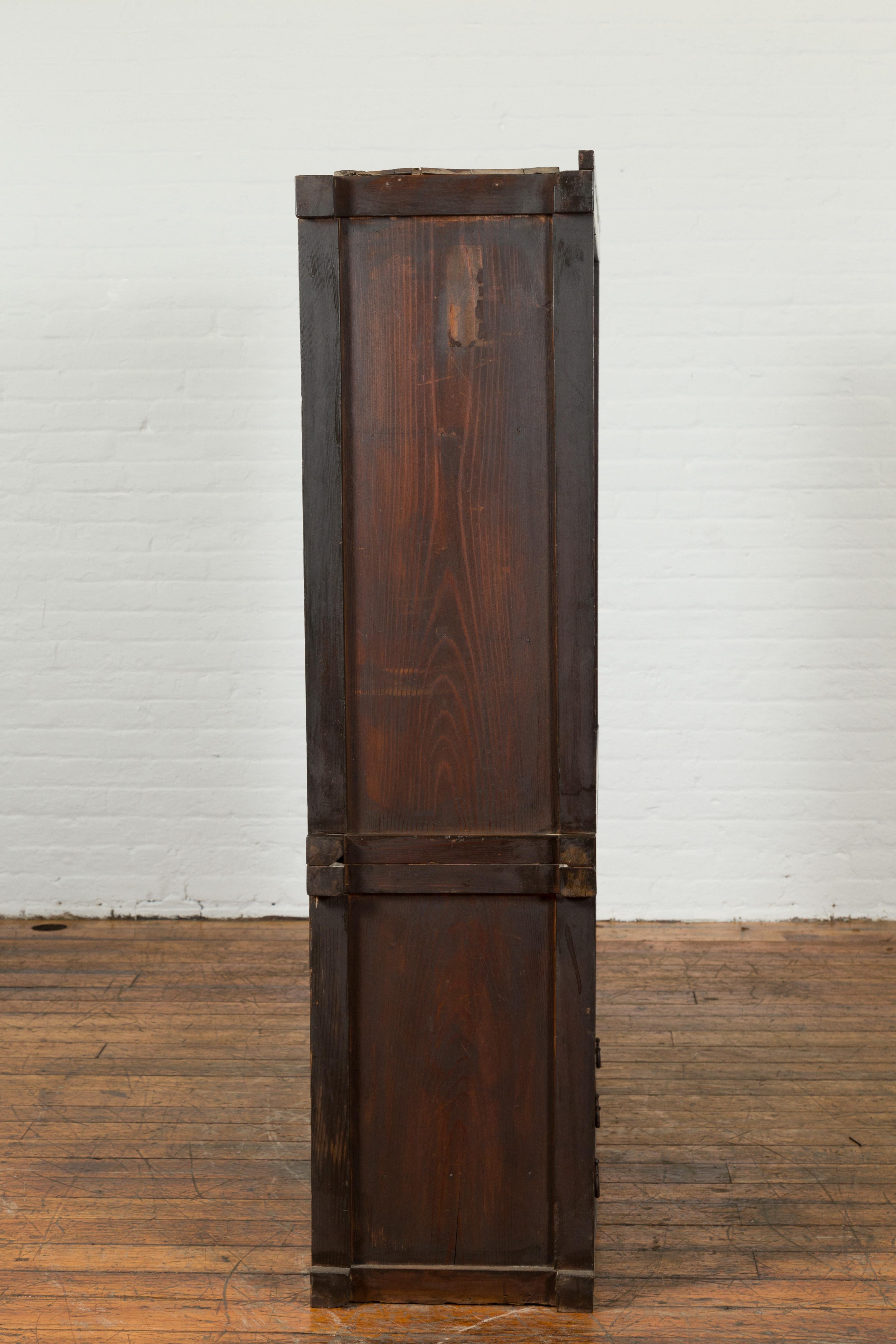 Japanese Early 20th Century Wooden Bookcase with Glass Sliding Doors and Drawers 1