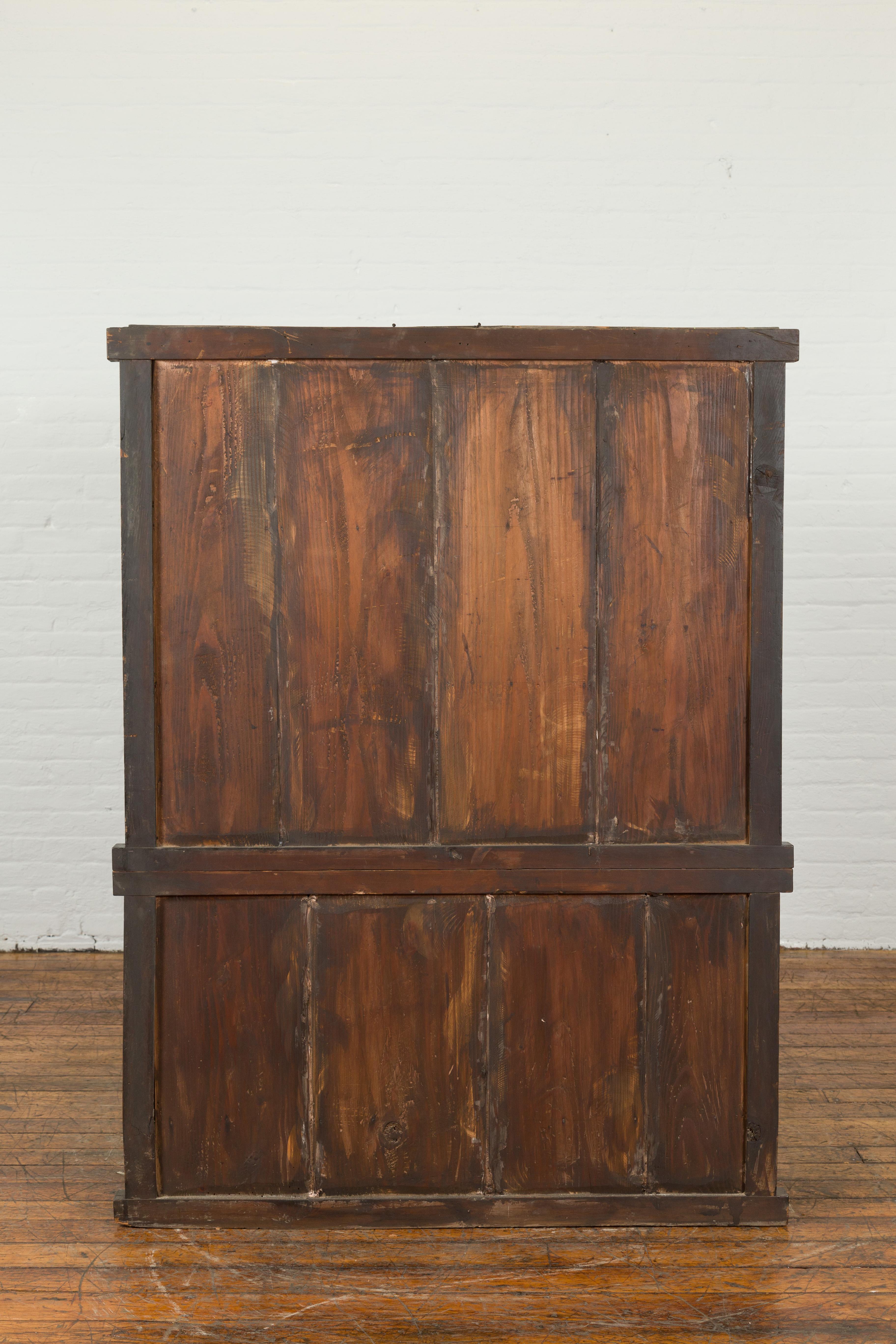 Japanese Early 20th Century Wooden Bookcase with Glass Sliding Doors and Drawers 2