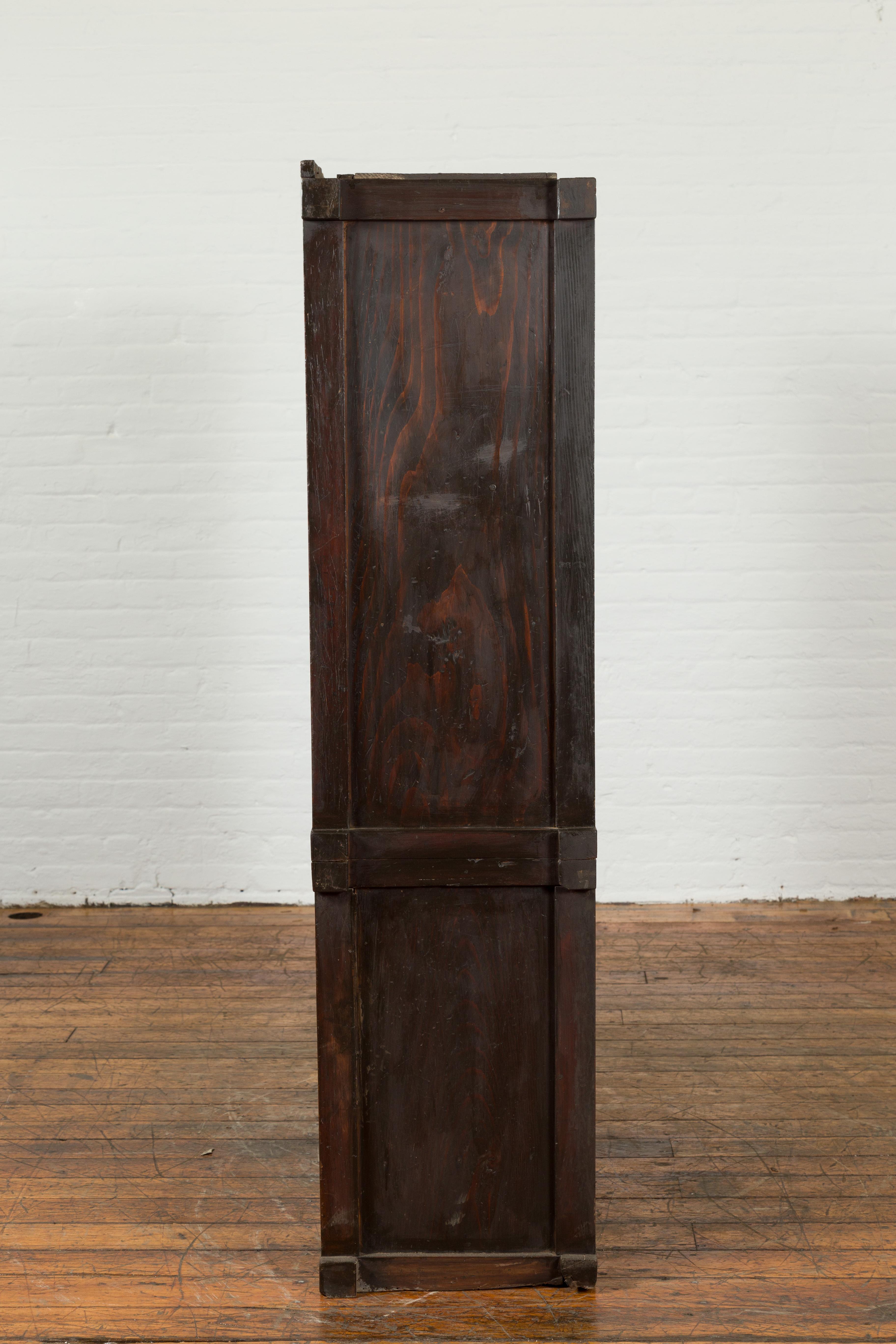 Japanese Early 20th Century Wooden Bookcase with Glass Sliding Doors and Drawers 3