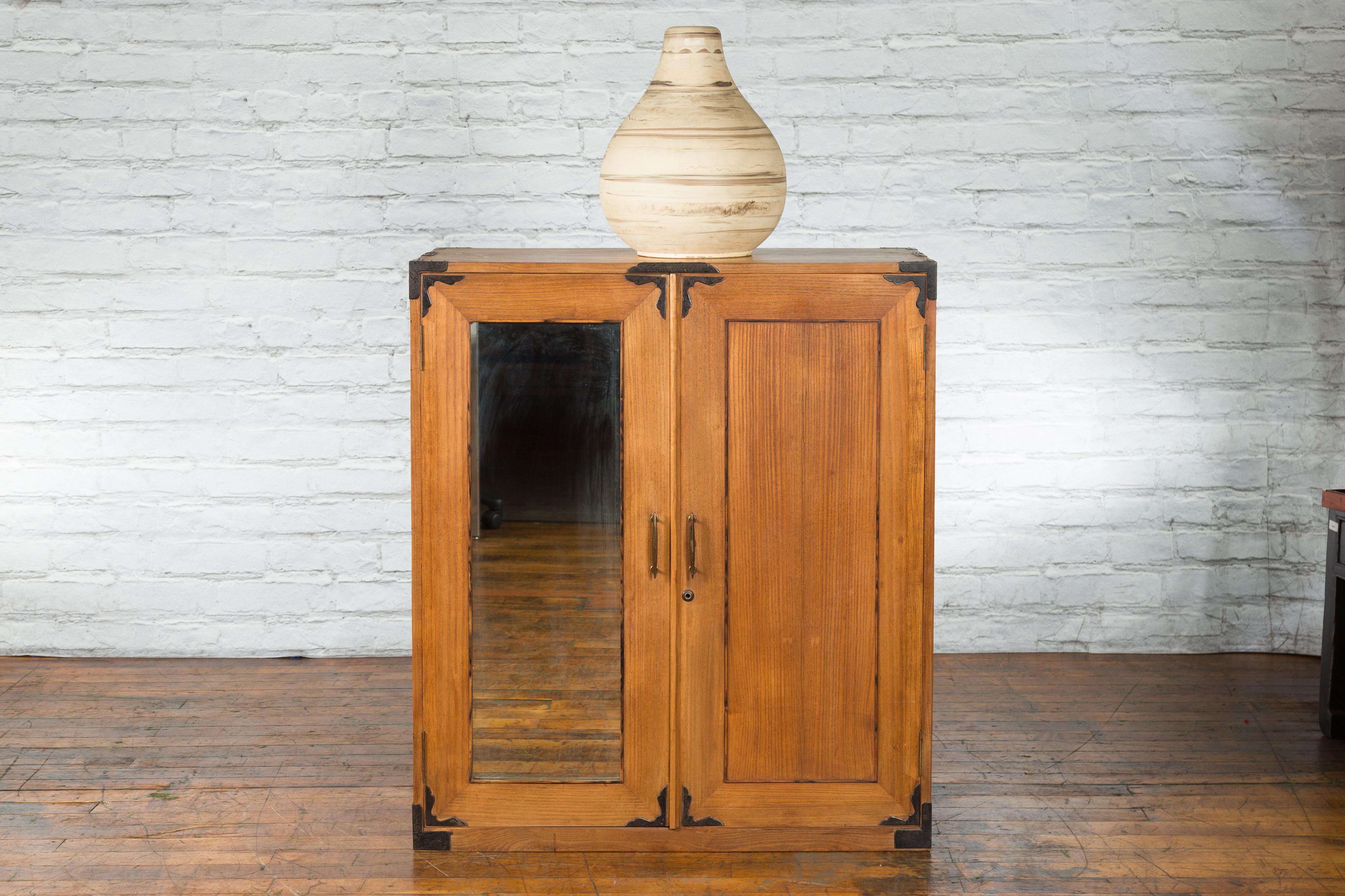 Japanese Early 20th Century Wooden Tansu Clothing Cabinet with Mirrored Door For Sale 1