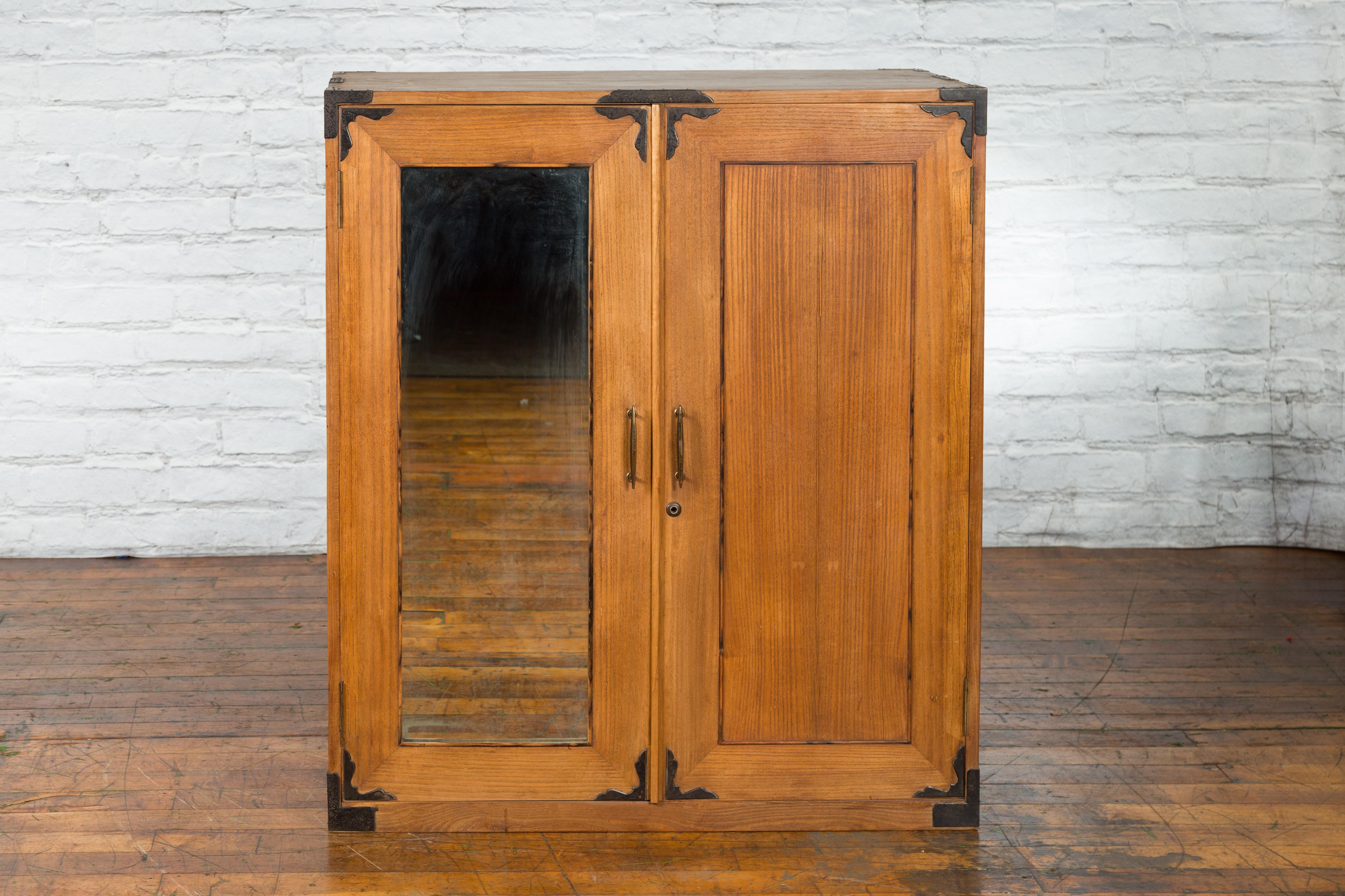 Japanese Early 20th Century Wooden Tansu Clothing Cabinet with Mirrored Door For Sale 5