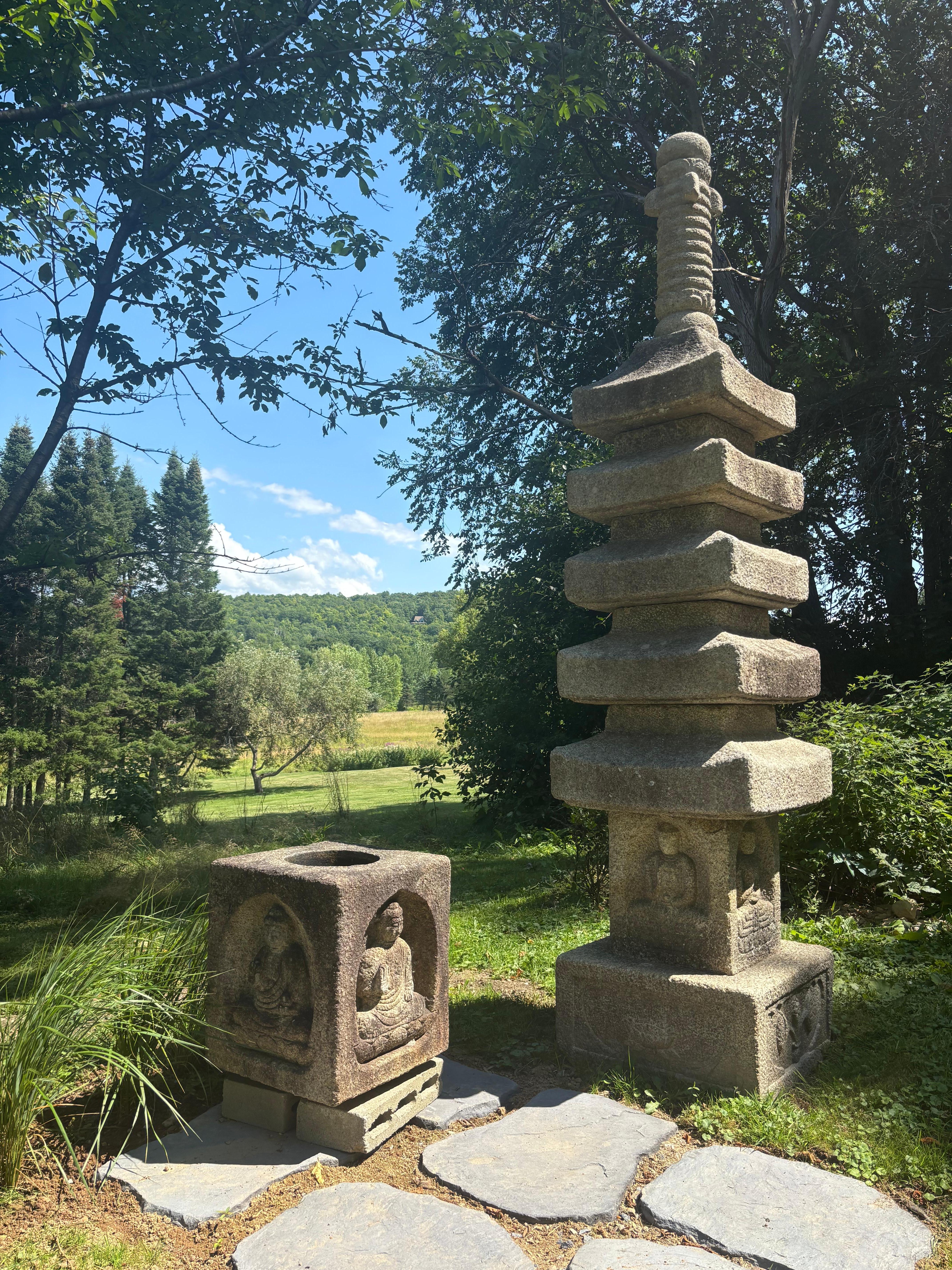 Meiji Japanese Early Antique Stone Four Buddhas Pagoda 10 feet, Best In Class For Sale