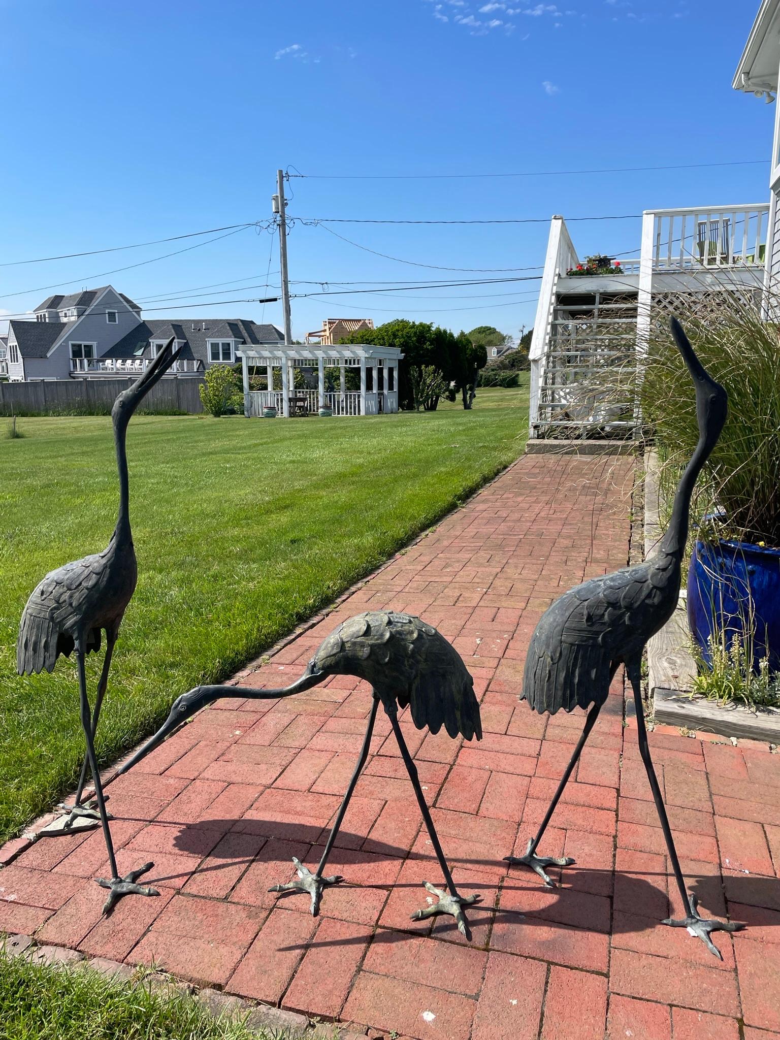 Showa Japanese Early Large Bronze Cranes Complete Set Three