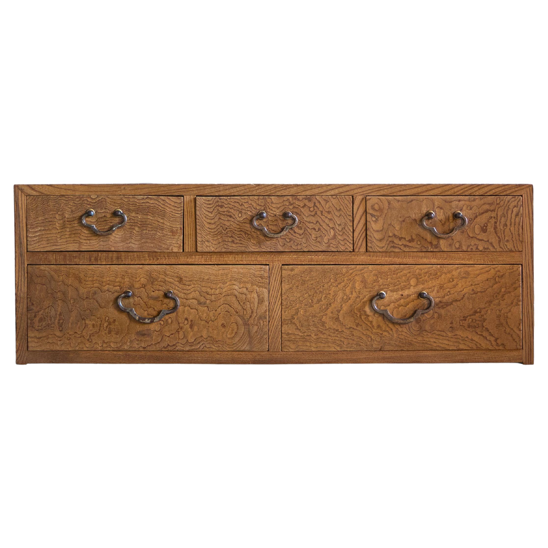 Japanese Early Showa Period Low Storage Drawer Cabinet with Burl Zelkova Fronts For Sale