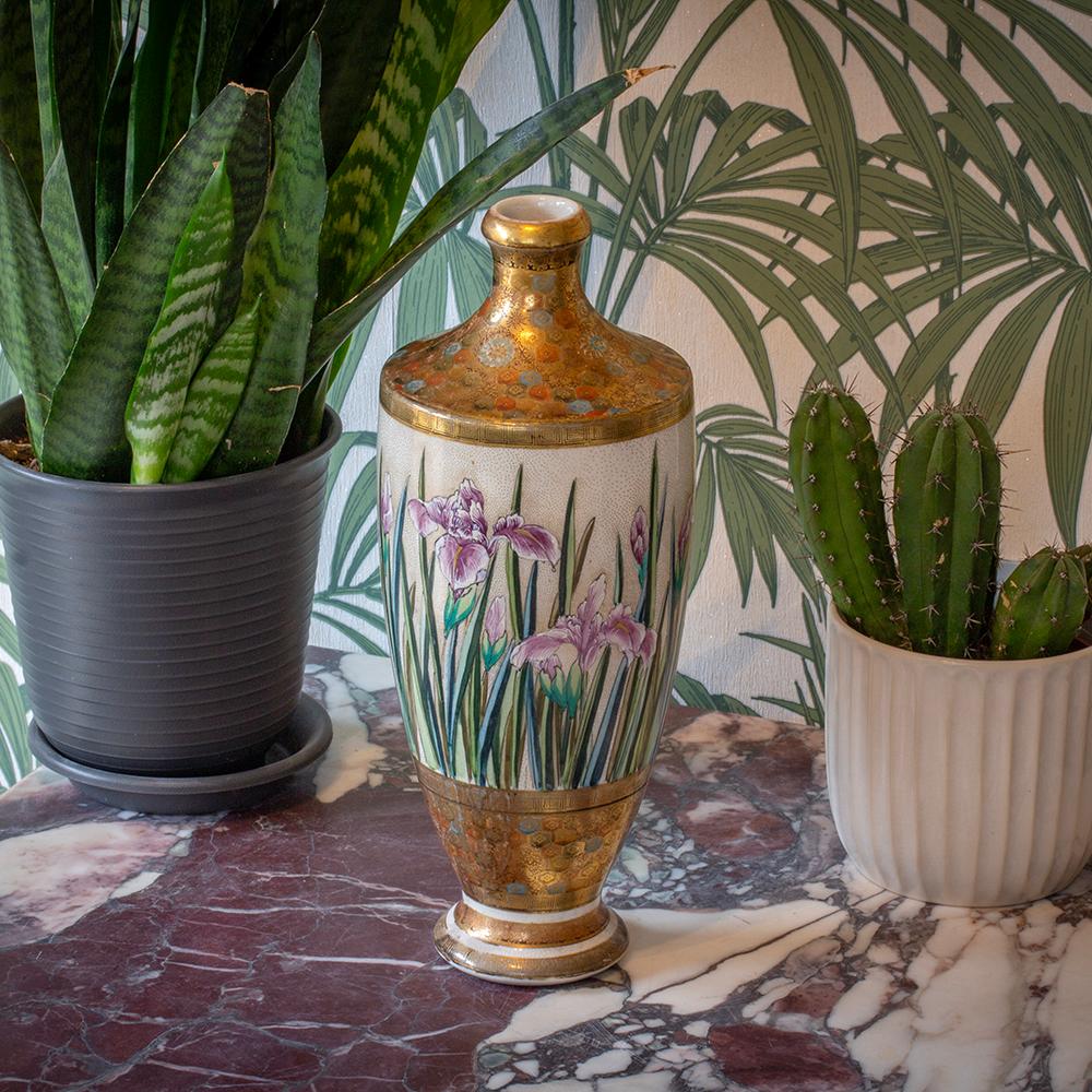 Meiji Period (1868-1912) 

From our Japanese collection, we are delighted to offer this Japanese Satsuma Iris Vase Painted by Ryuzan. The Japanese Satsuma vase of tall tapered form features a circular rolled foot rim, slightly pinched base with a