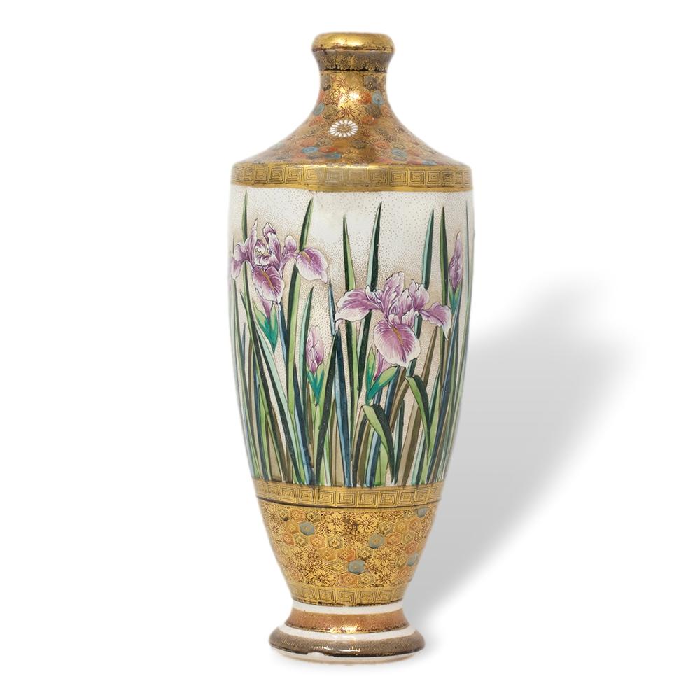 Hand-Crafted Japanese Earthenware Meiji Period Satsuma Iris Vase by Ryuzan For Sale