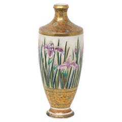 Jarrón japonés de barro del periodo Meiji Satsuma Iris de Ryuzan