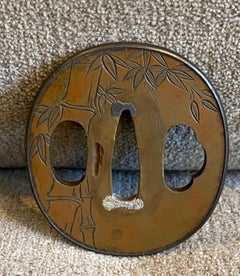 Japanese Edo Antique Copper Samurai Tsuba Sword Hand Guard with Bamboo Design