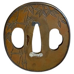 Japanese Edo Antique Copper Samurai Tsuba Sword Hand Guard with Bamboo Design