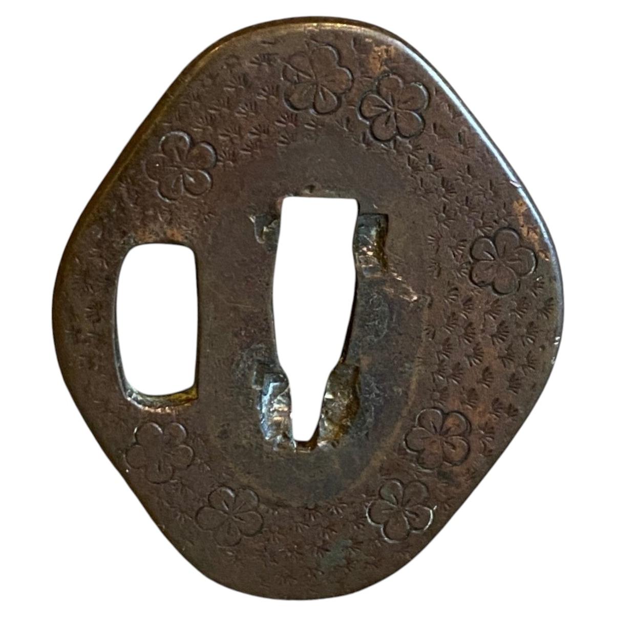 Japanese Edo Antique Copper Samurai Tsuba Sword Hand Guard with Flower Design For Sale