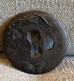 Japanese Edo Antique Samurai Tsuba Sword Hand Guard With Butterfly & Vine Design