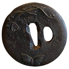Japanese Edo Antique Samurai Tsuba Sword Hand Guard With Butterfly & Vine Design