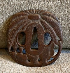Japanese Edo Antique Samurai Tsuba Sword Hand Guard With Chrysanthemum Design