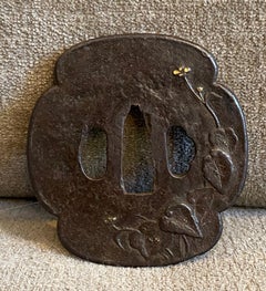 Japanese Edo Antique Samurai Tsuba Sword Hand Guard with Floral Flower Design