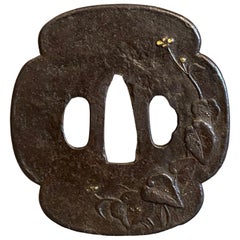 Japanese Edo Antique Samurai Tsuba Sword Hand Guard with Floral Flower Design