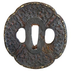 Japanese Edo Antique Samurai Tsuba Sword Hand Guard with Floral Flower Design