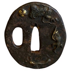 Japanese Edo Antique Samurai Tsuba Sword Hand Guard with Mythical Dragon Design