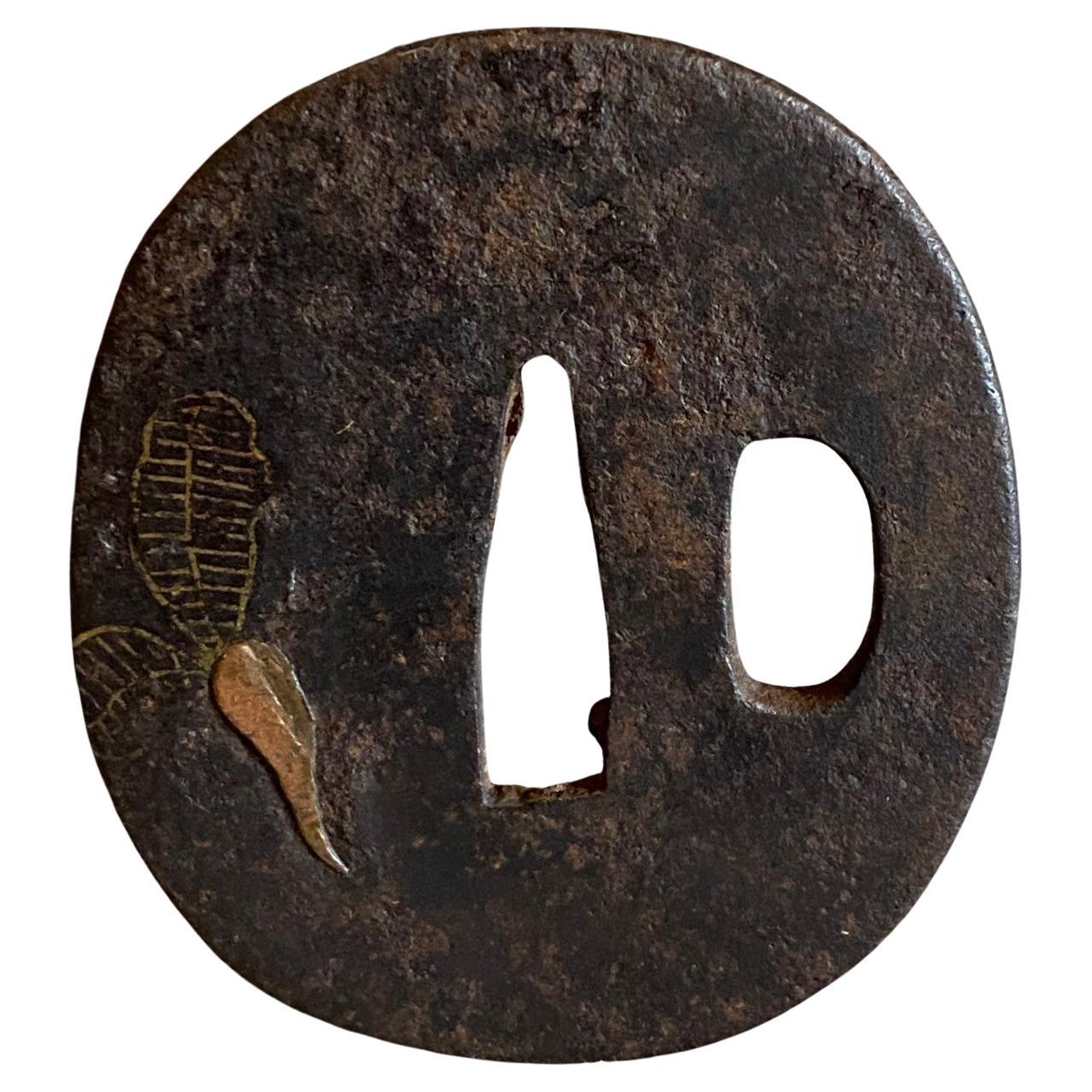 Japanese Edo Antique Samurai Tsuba Sword Hand Guard with Period Nature Design