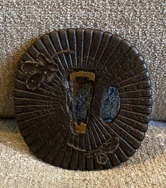 Japanese Edo Antique Saotome Samurai Tsuba Sword Hand Guard Silver Leaf Design