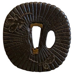 Japanese Edo Antique Saotome Samurai Tsuba Sword Hand Guard Silver Leaf Design